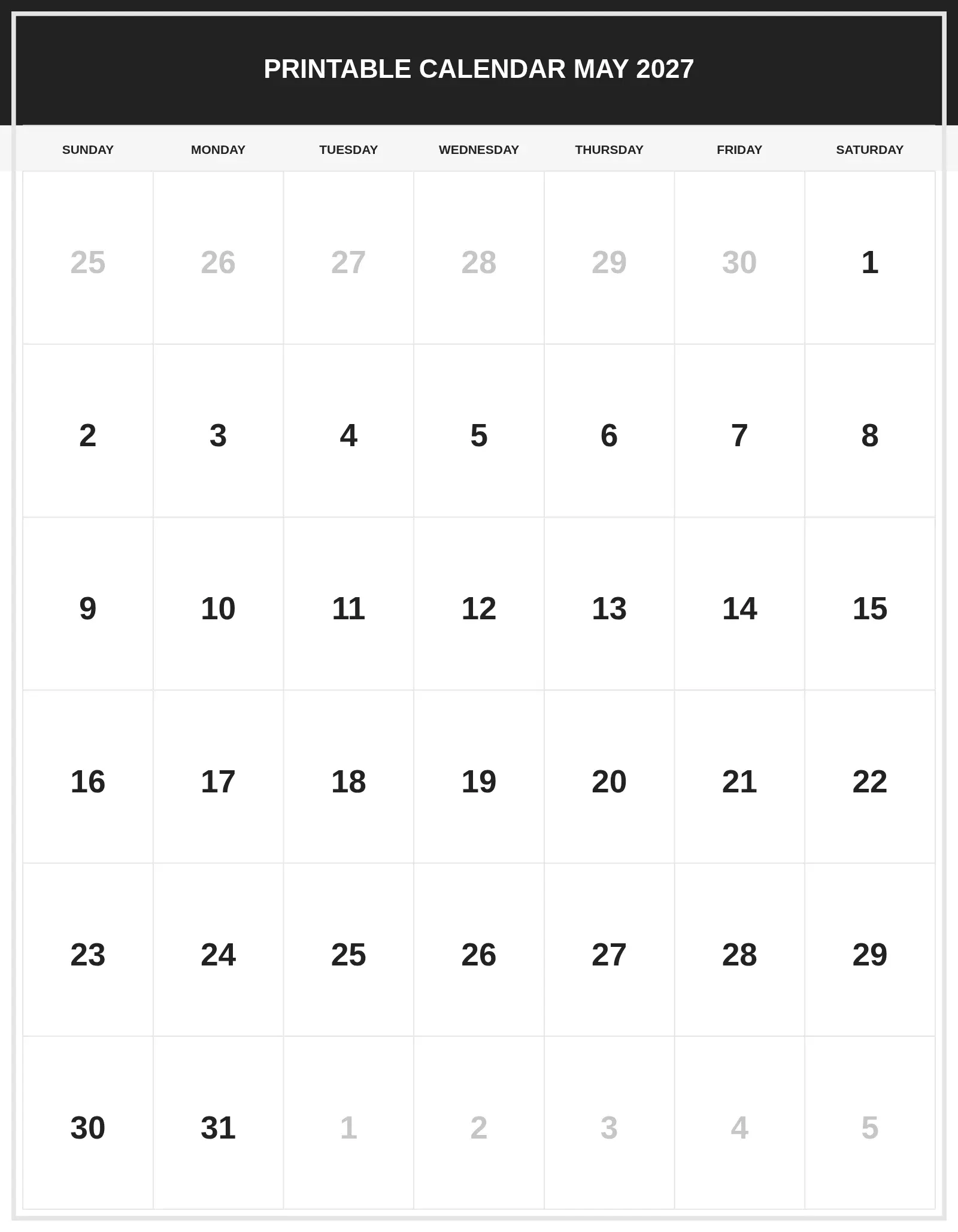 Printable Calendar May 2027 With Portrait Template Printable Calendar May 2027 With Portrait Template