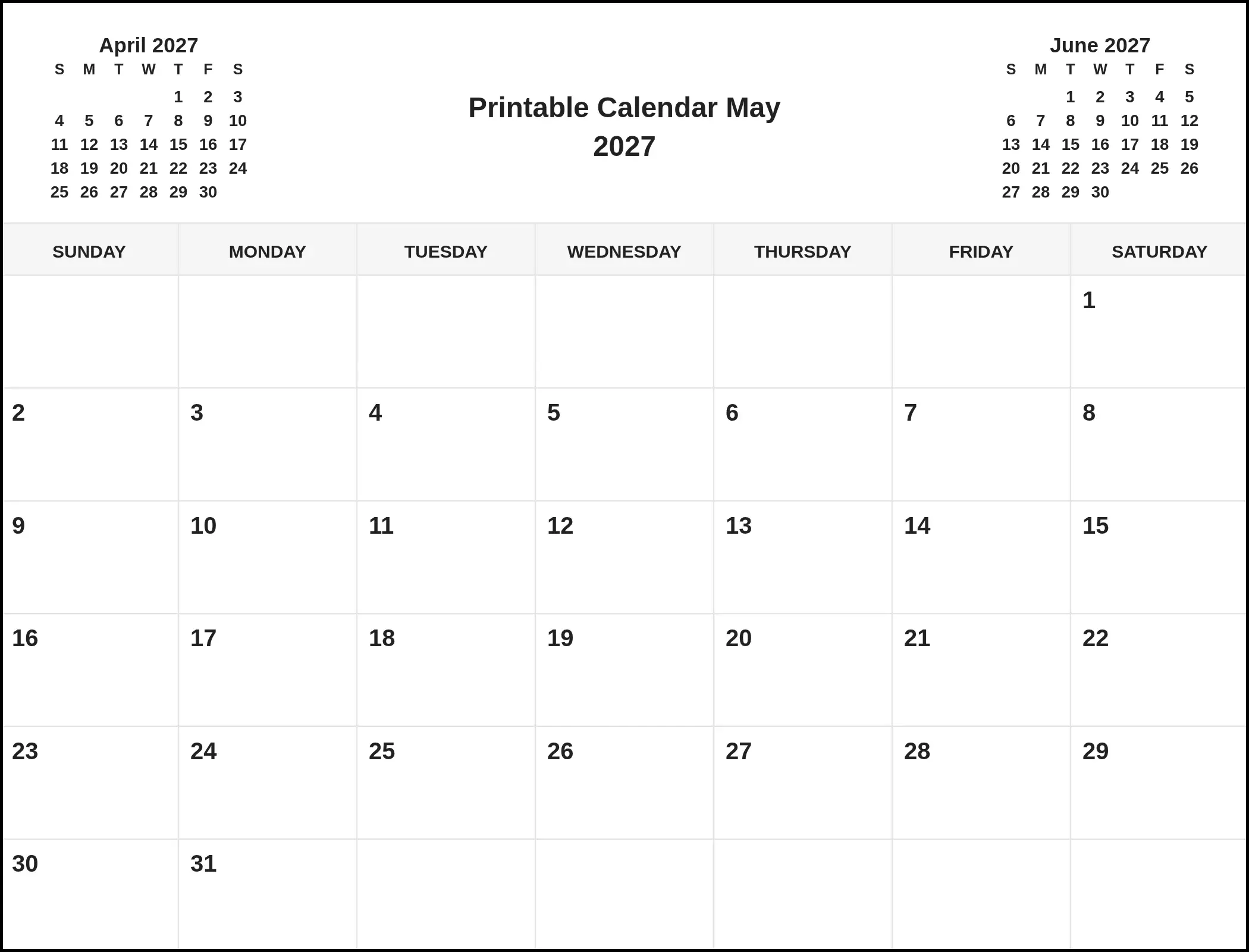 Printable Calendar May 2027 With Three Month View Printable Calendar May 2027 With Three Month View
