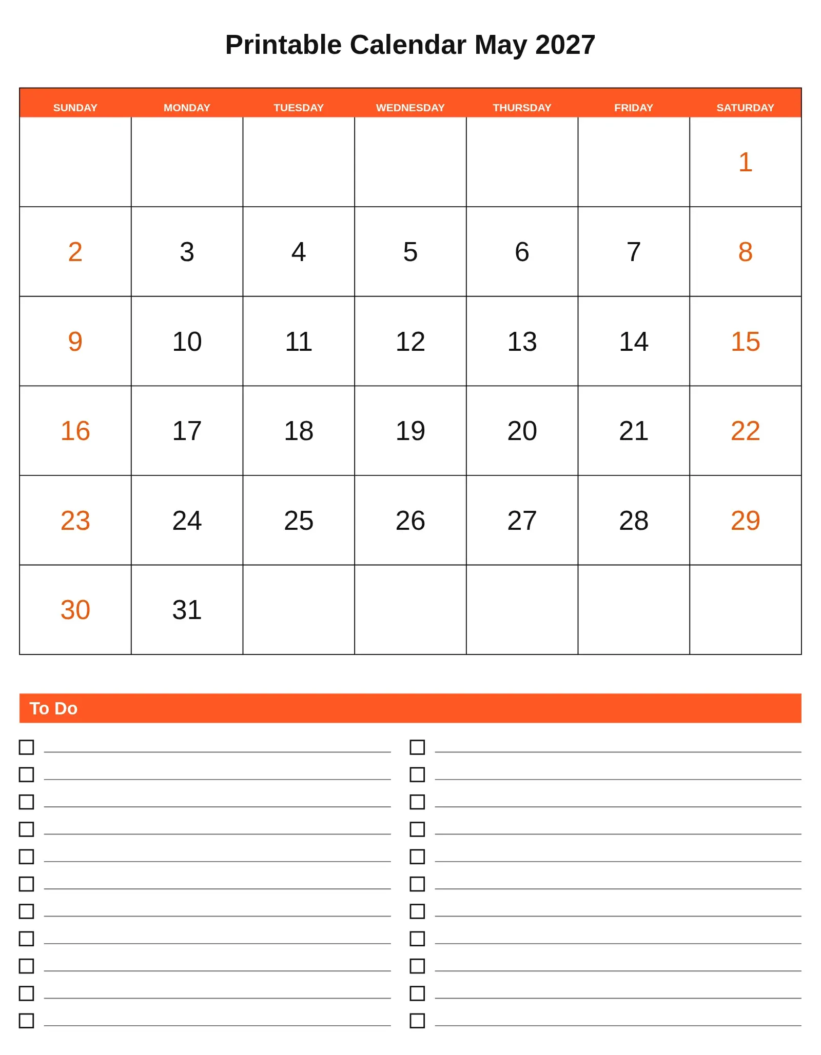 Printable Calendar May 2027 With To Do List Bottom Portrait Printable Calendar May 2027 With To Do List Bottom Portrait