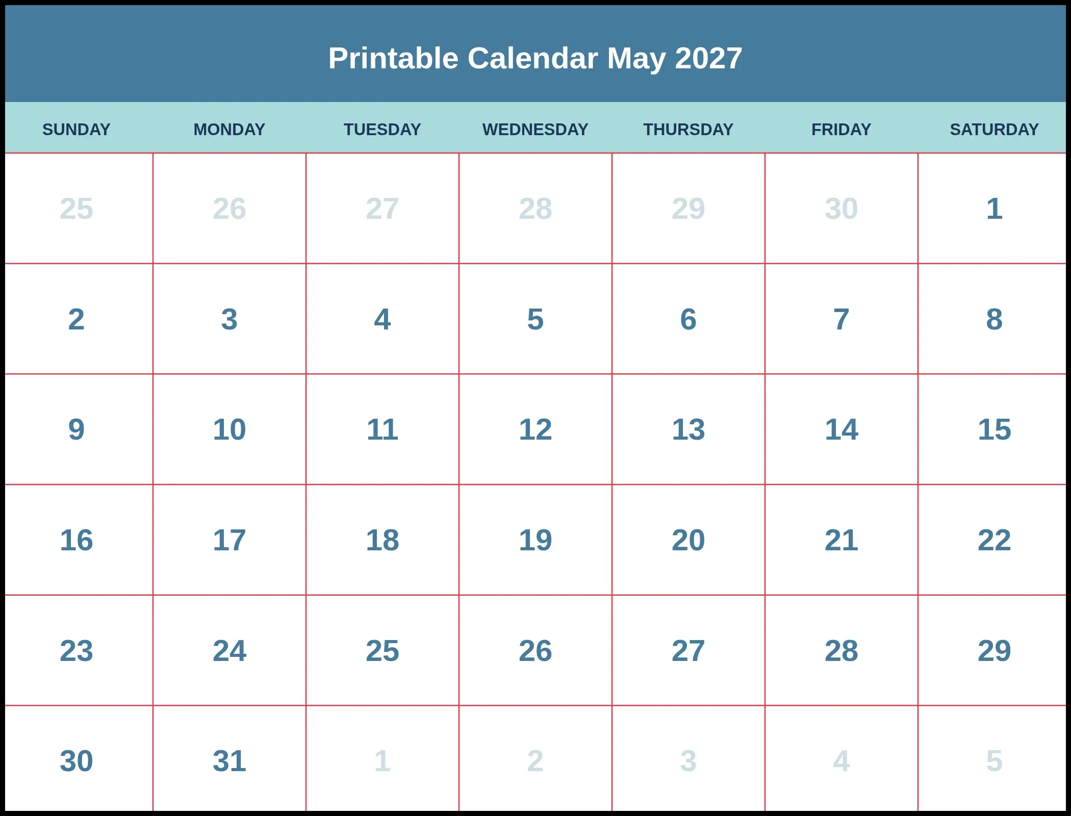 Printable Calendar May 2027