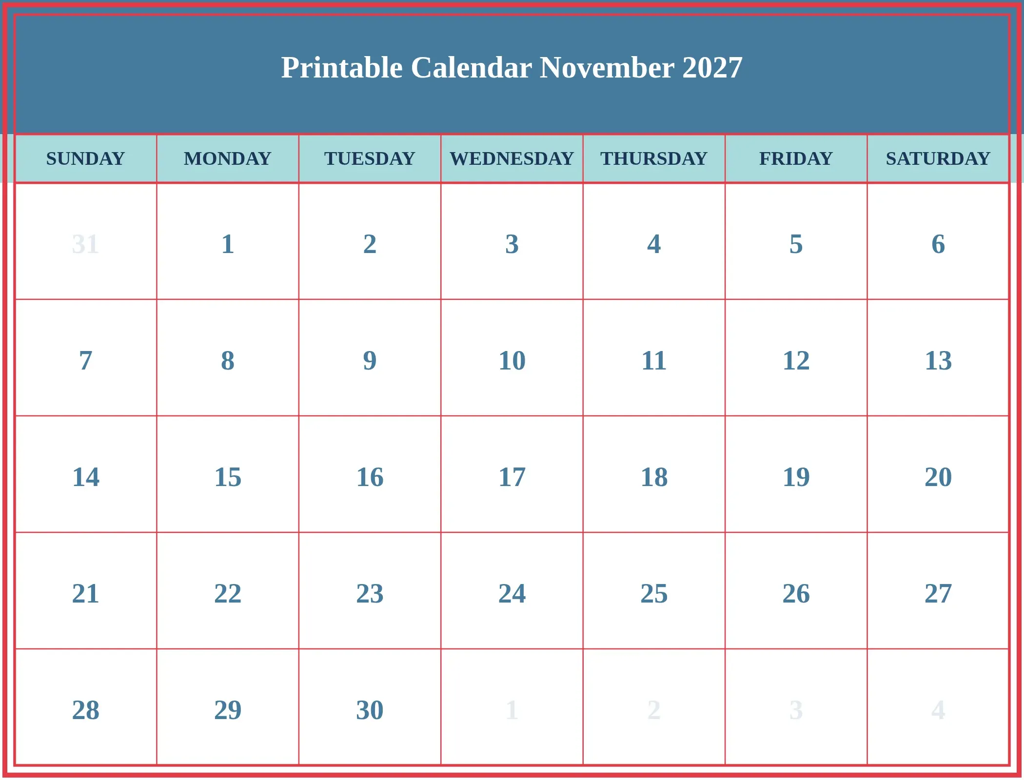 Printable Calendar November 2027 Download Landscape