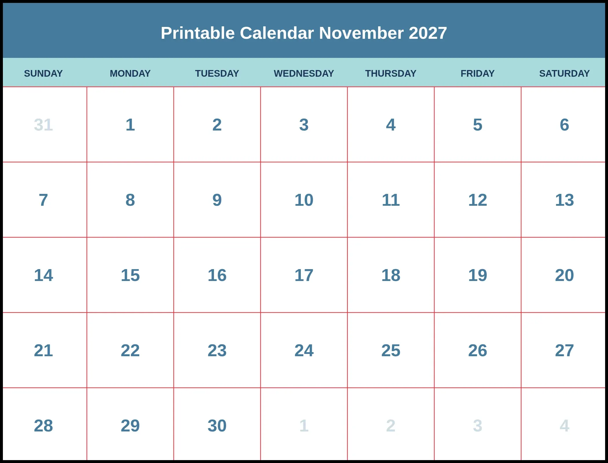 Printable Calendar November 2027 Pdf