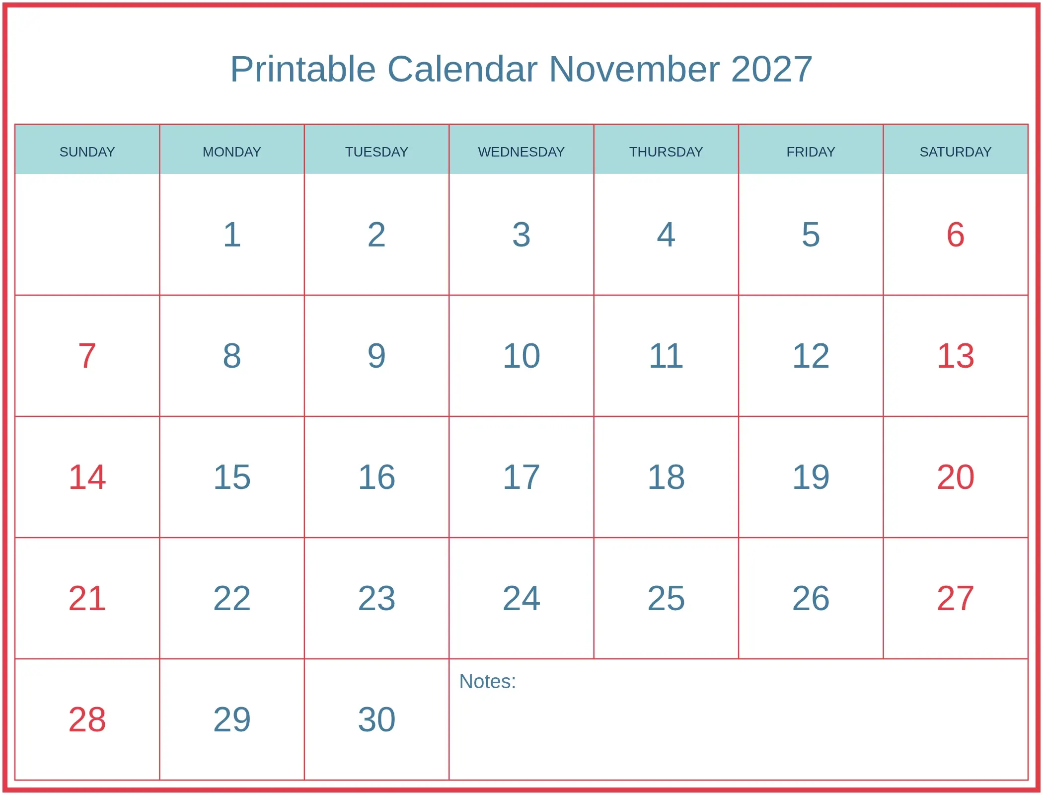Printable Calendar November 2027 with Notes Bottom Landscape Printable Calendar November 2027 with Notes Bottom Landscape