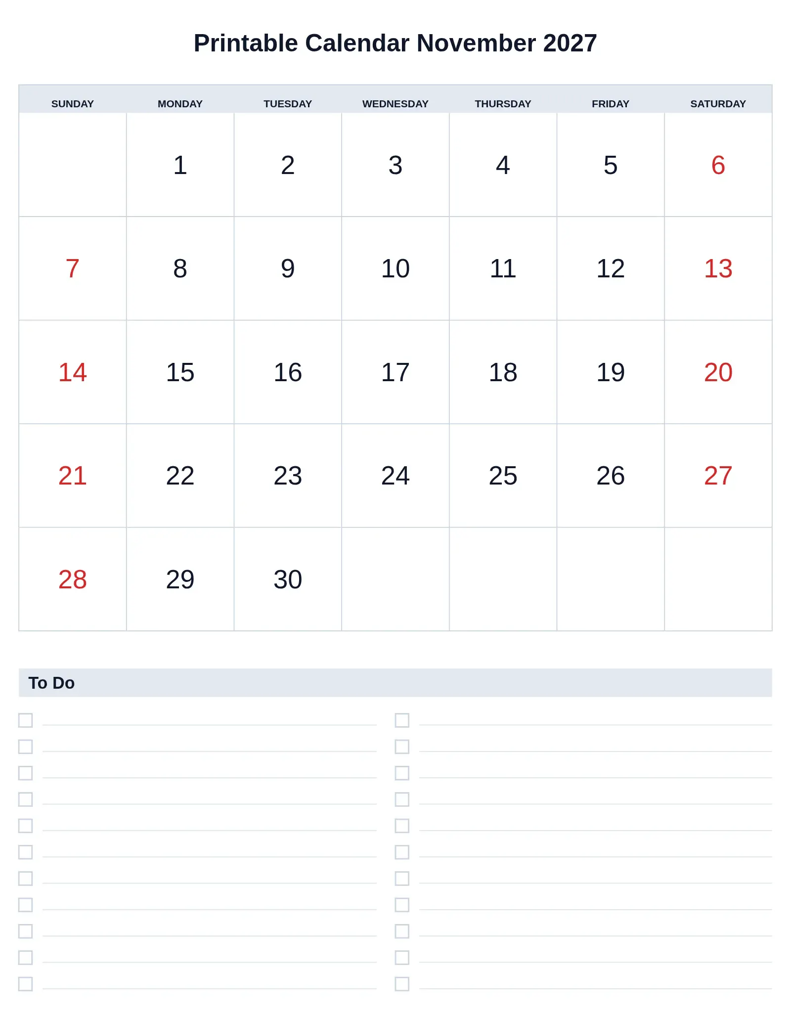 Printable Calendar November 2027 With To Do List Bottom Portrait Printable Calendar November 2027 With To Do List Bottom Portrait