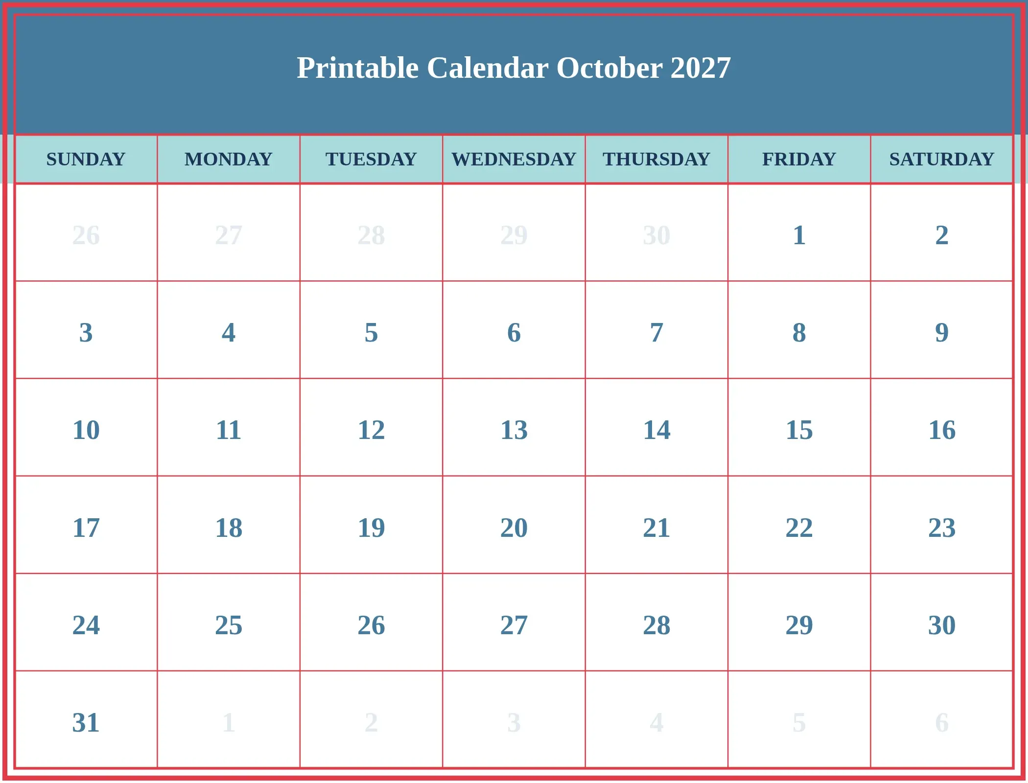 Printable Calendar October 2027 Download Landscape