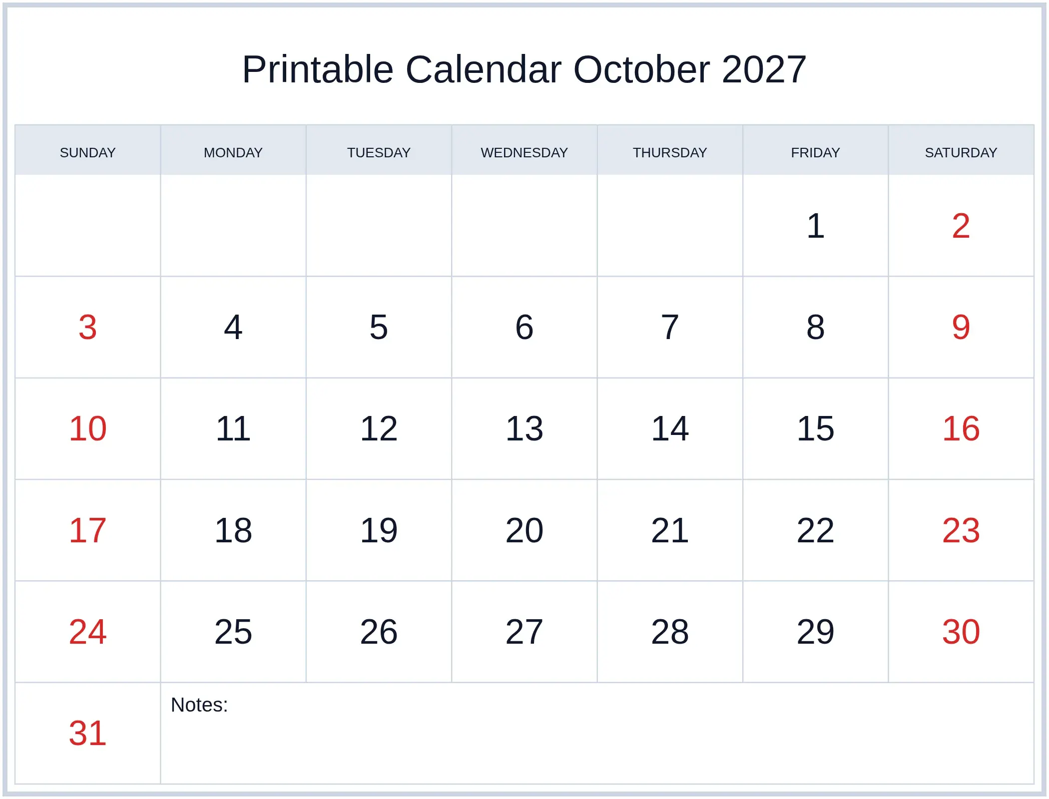 Printable Calendar October 2027 with Notes Bottom Landscape Printable Calendar October 2027 with Notes Bottom Landscape