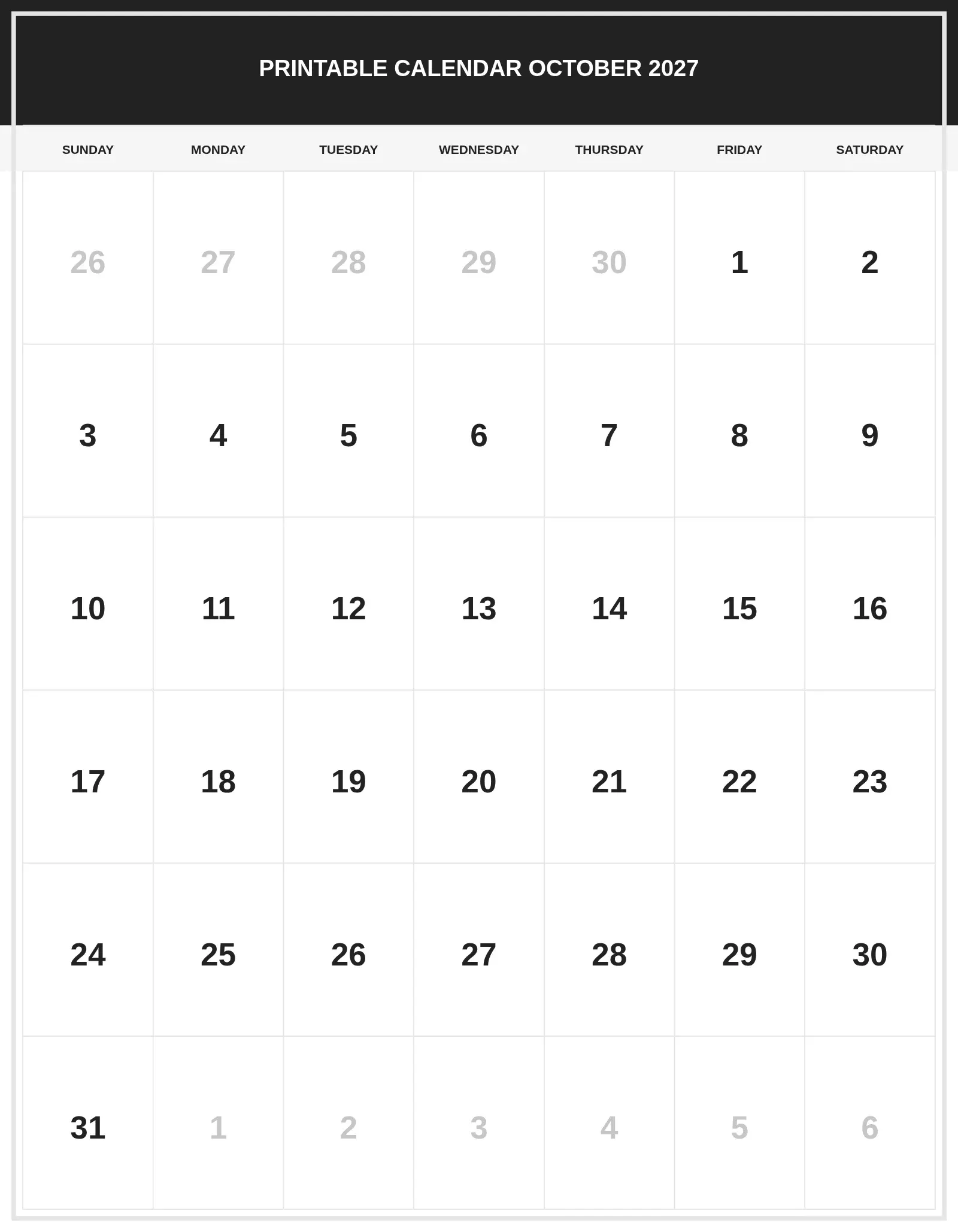 Printable Calendar October 2027 With Portrait Template
