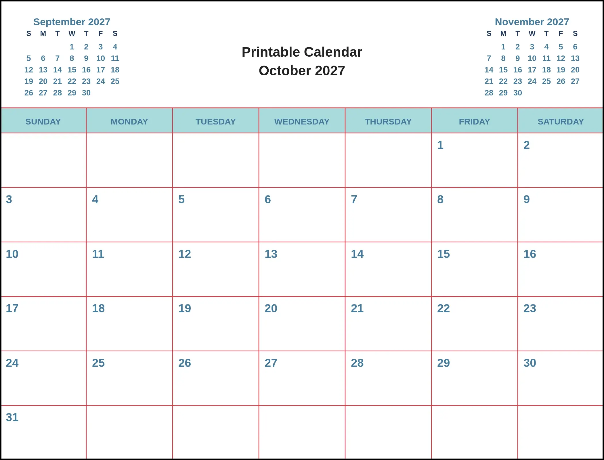 Printable Calendar October 2027 With Three Month View