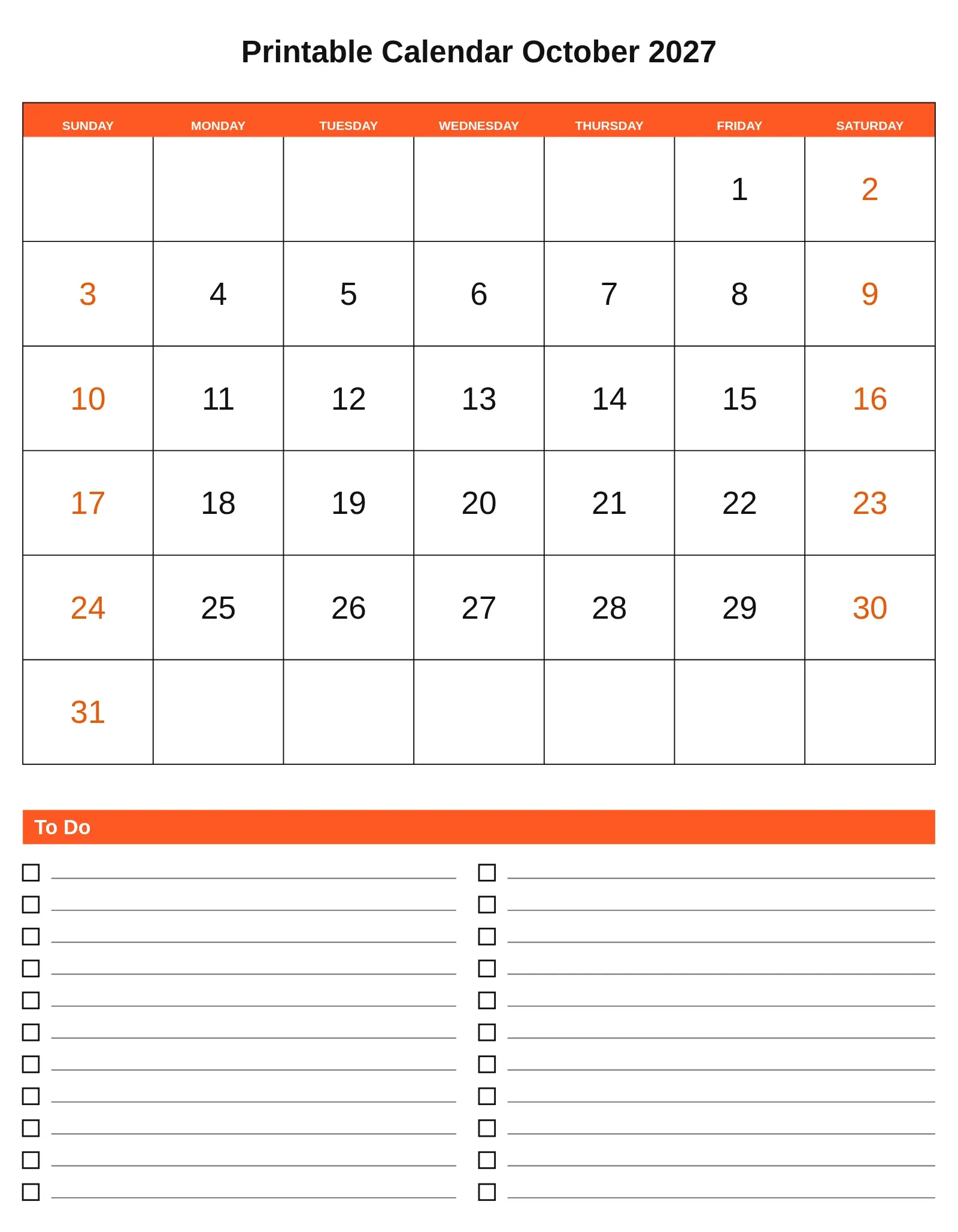 Printable Calendar October 2027 With To Do List Bottom Portrait