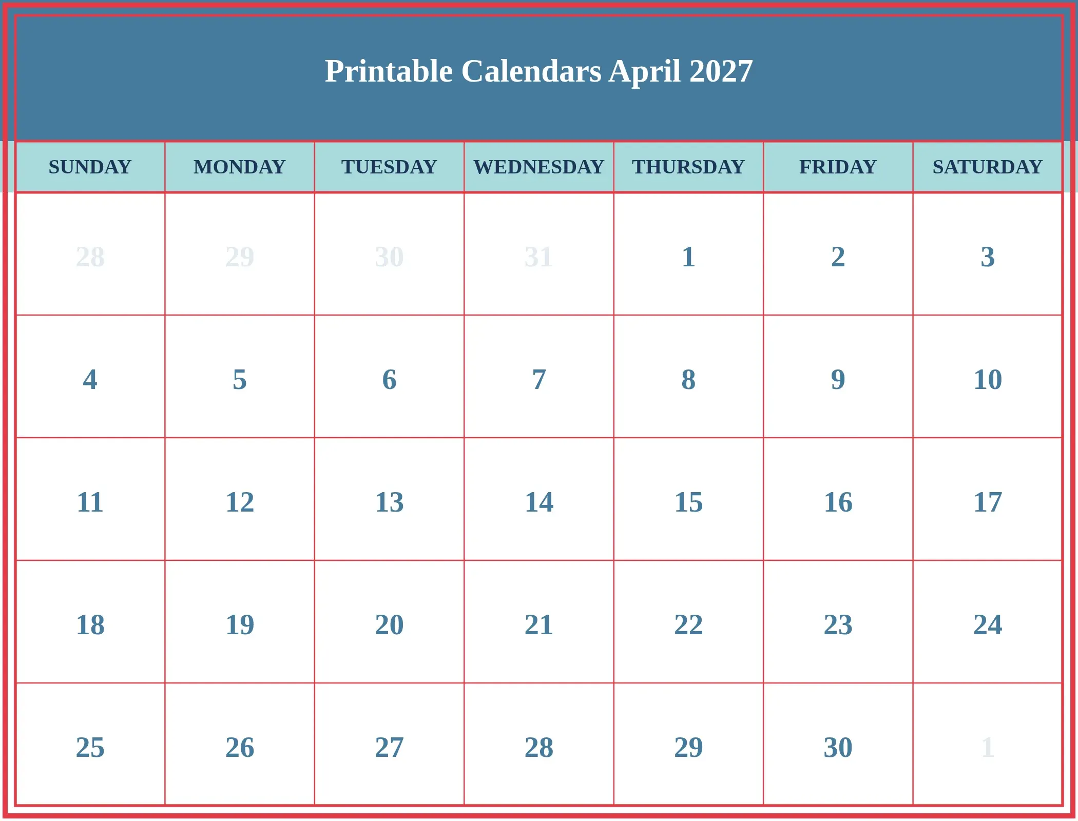 Printable Calendars April 2027 Download Landscape Printable Calendars April 2027 Download Landscape