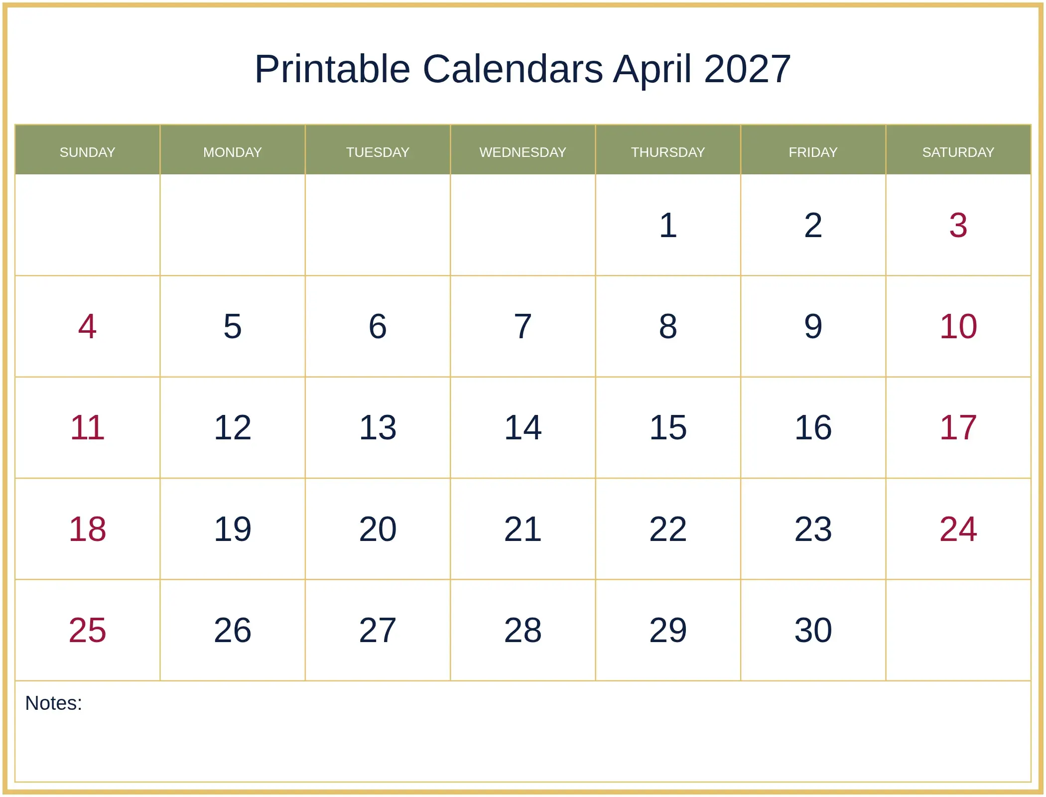 Printable Calendars April 2027 with Notes Bottom Landscape