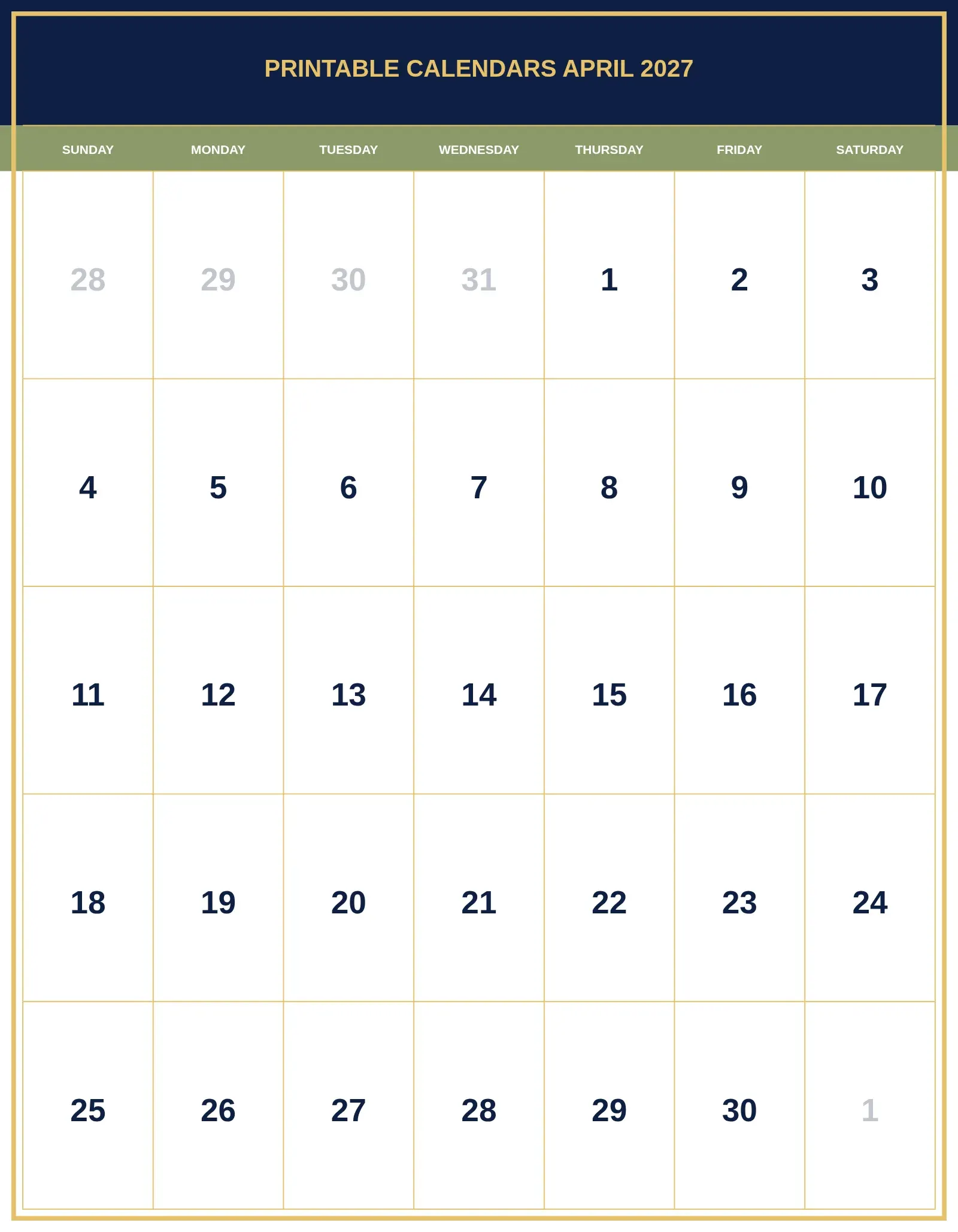 Printable Calendars April 2027 With Portrait Template