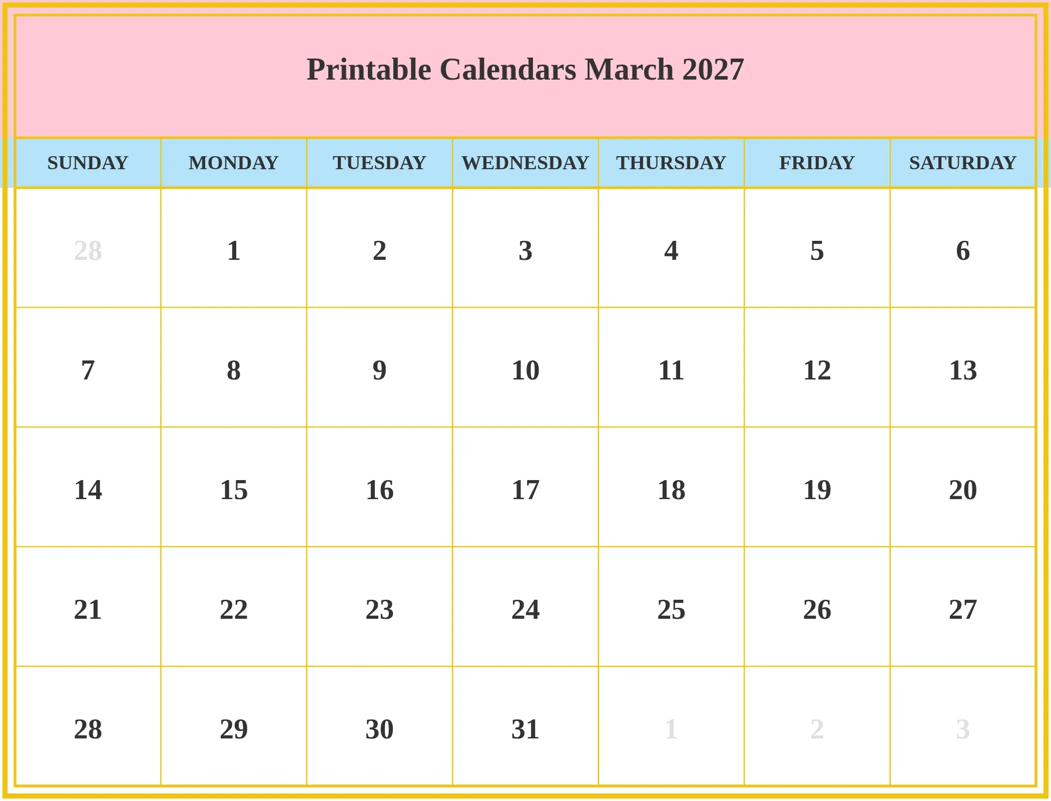 Printable Calendars March 2027 Download Landscape Printable Calendars March 2027 Download Landscape