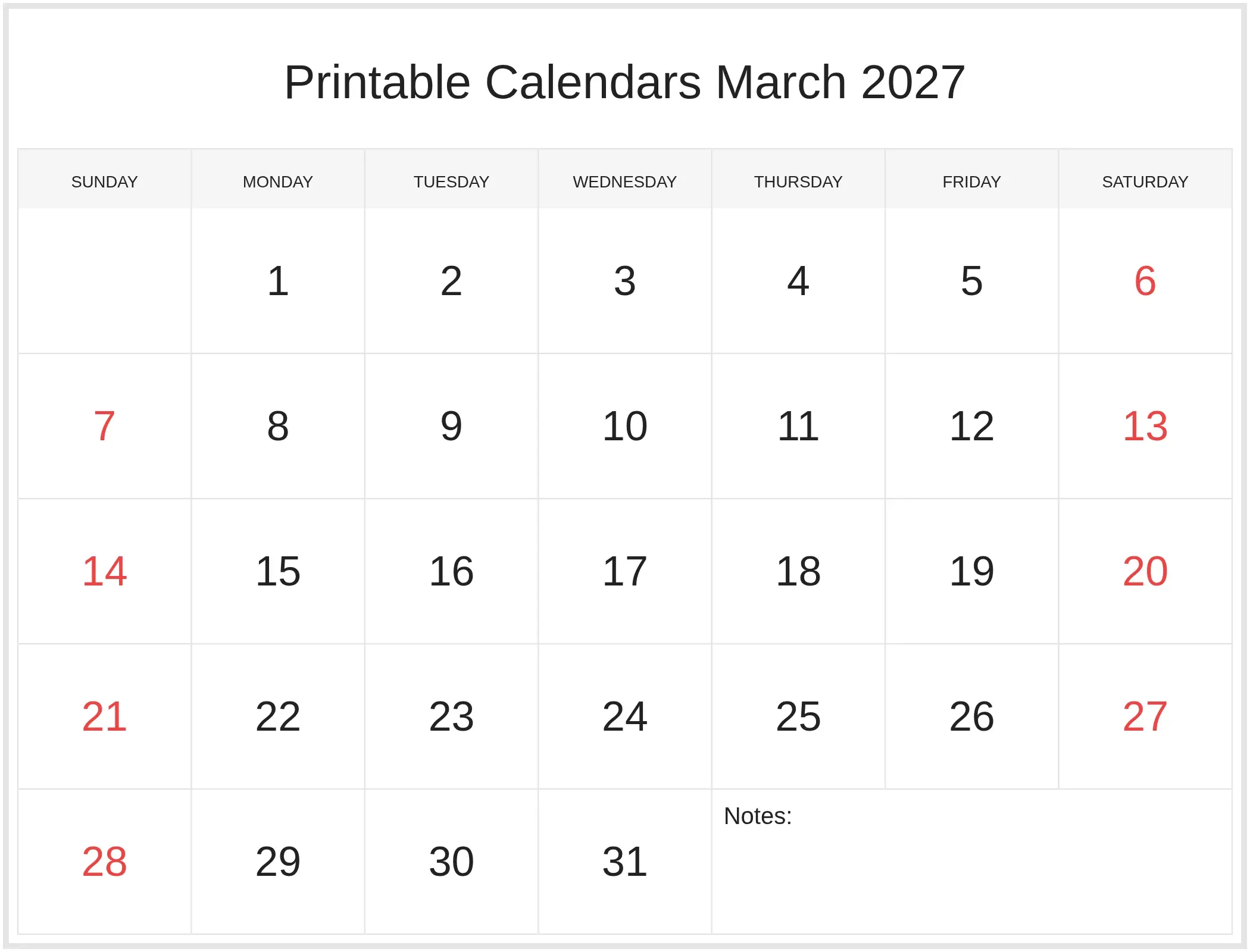 Printable Calendars March 2027 with Notes Bottom Landscape Printable Calendars March 2027 with Notes Bottom Landscape