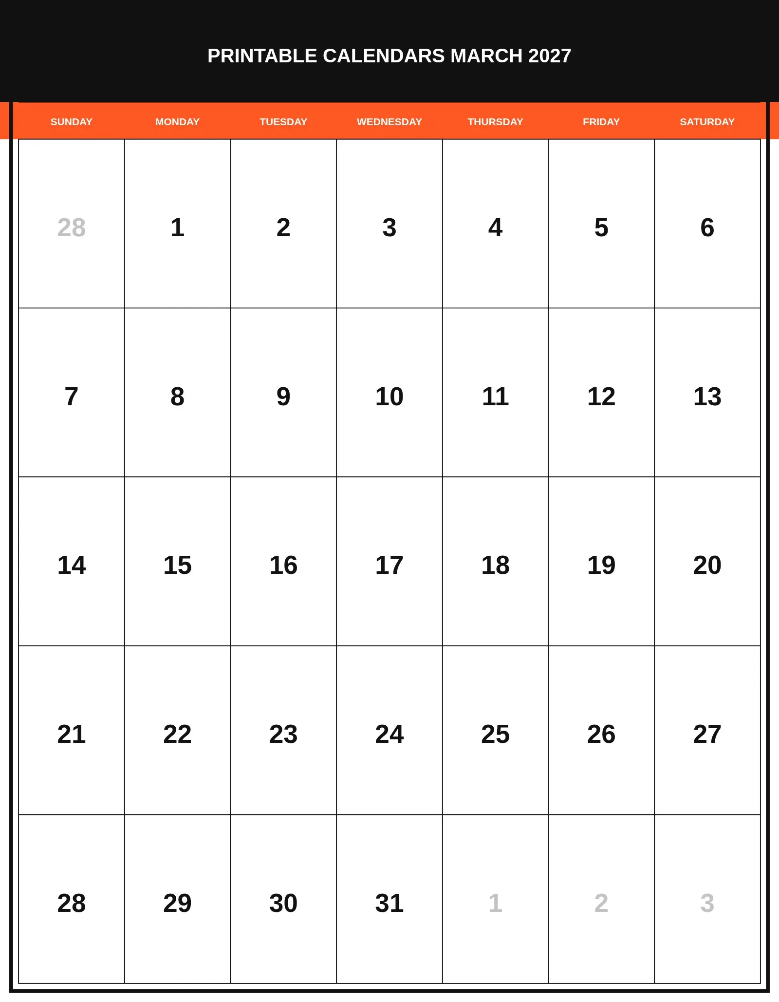 Printable Calendars March 2027 With Portrait Template