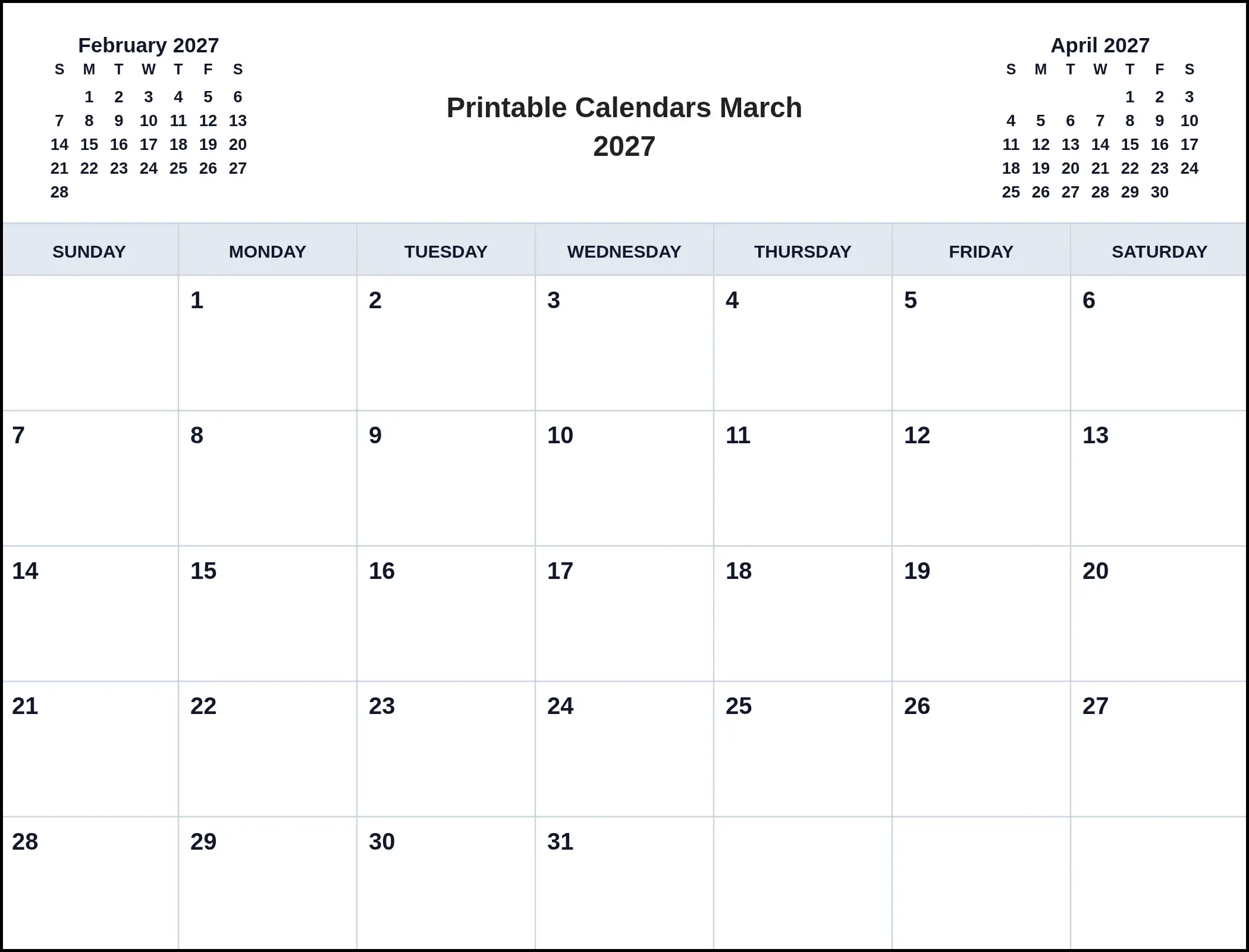 Printable Calendars March 2027 With Three Month View