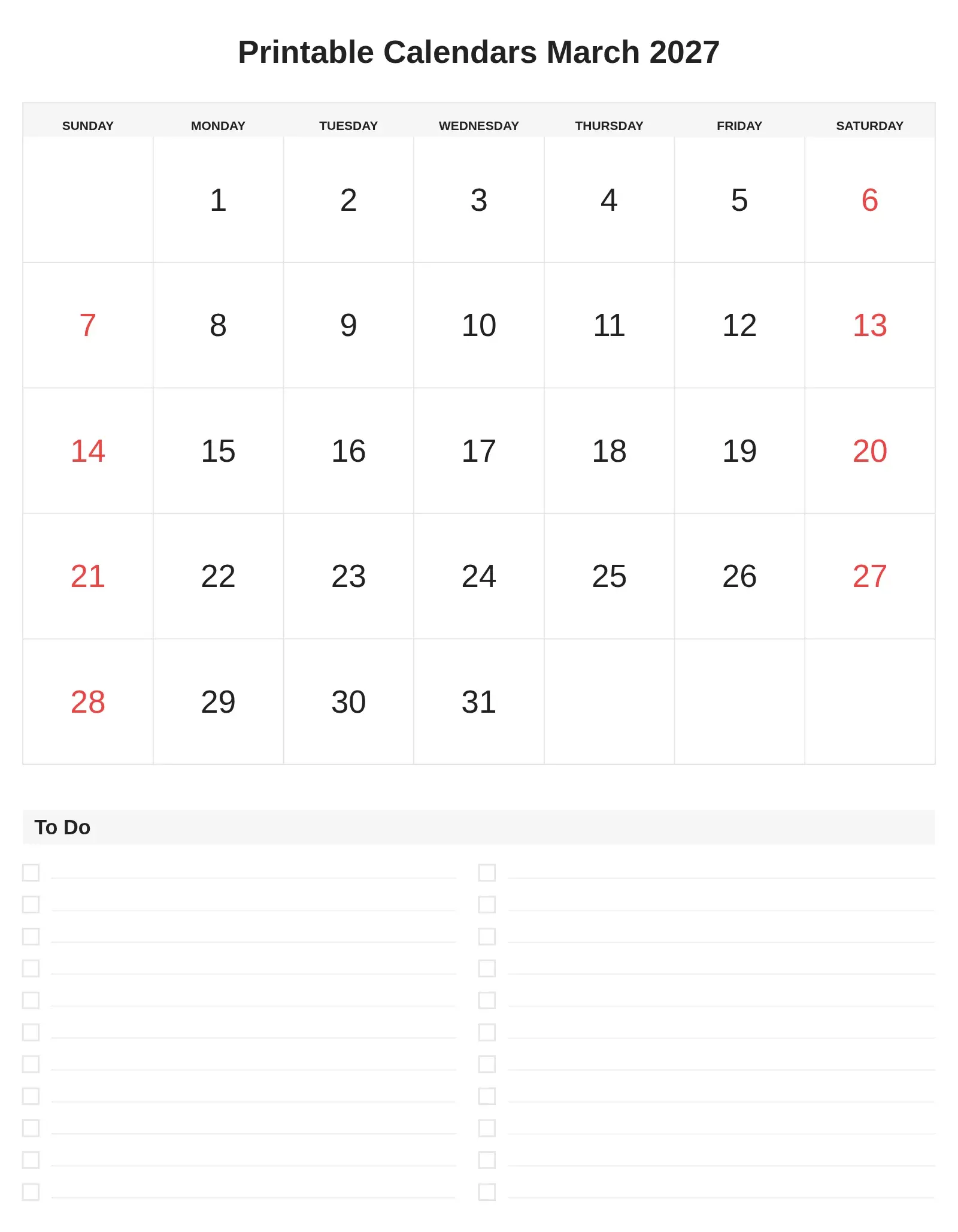 Printable Calendars March 2027 With To Do List Bottom Portrait