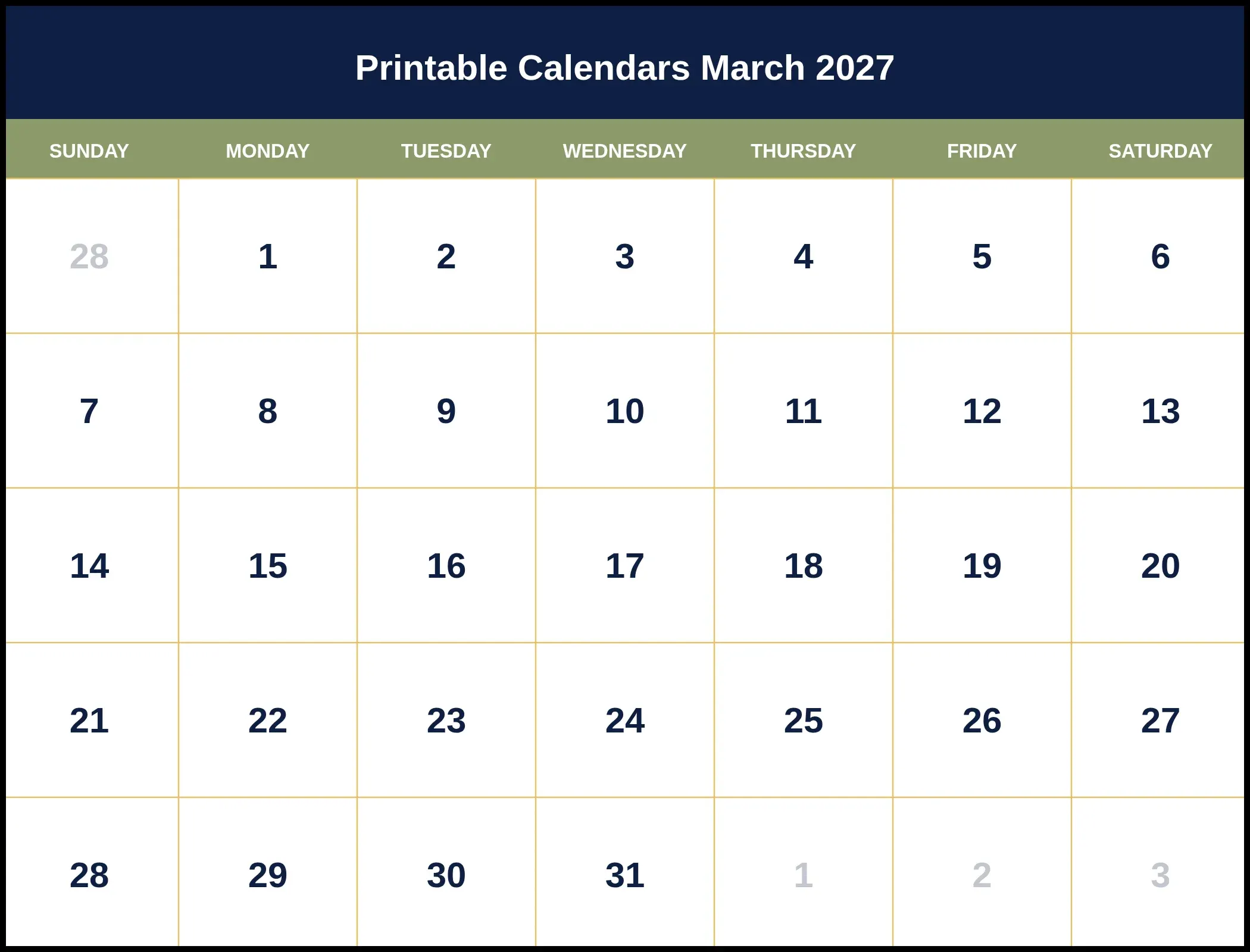 Printable Calendars March 2027