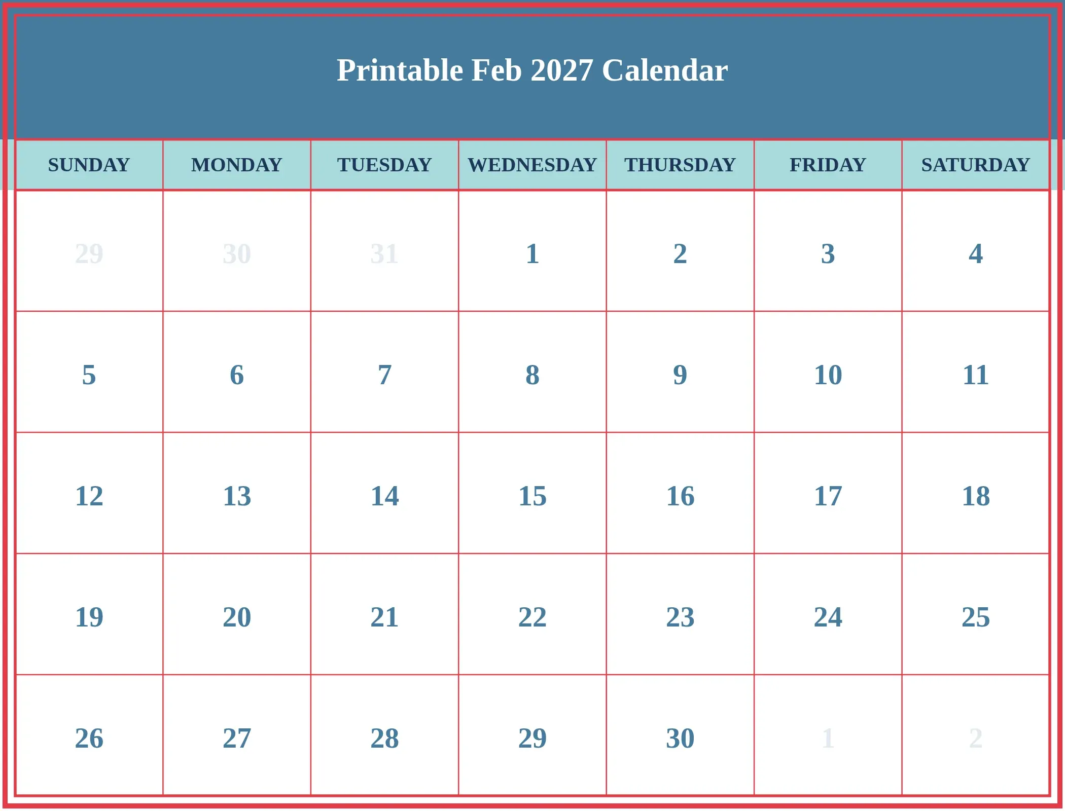 Printable Feb 2027 Calendar Download Landscape Printable Feb 2027 Calendar Download Landscape