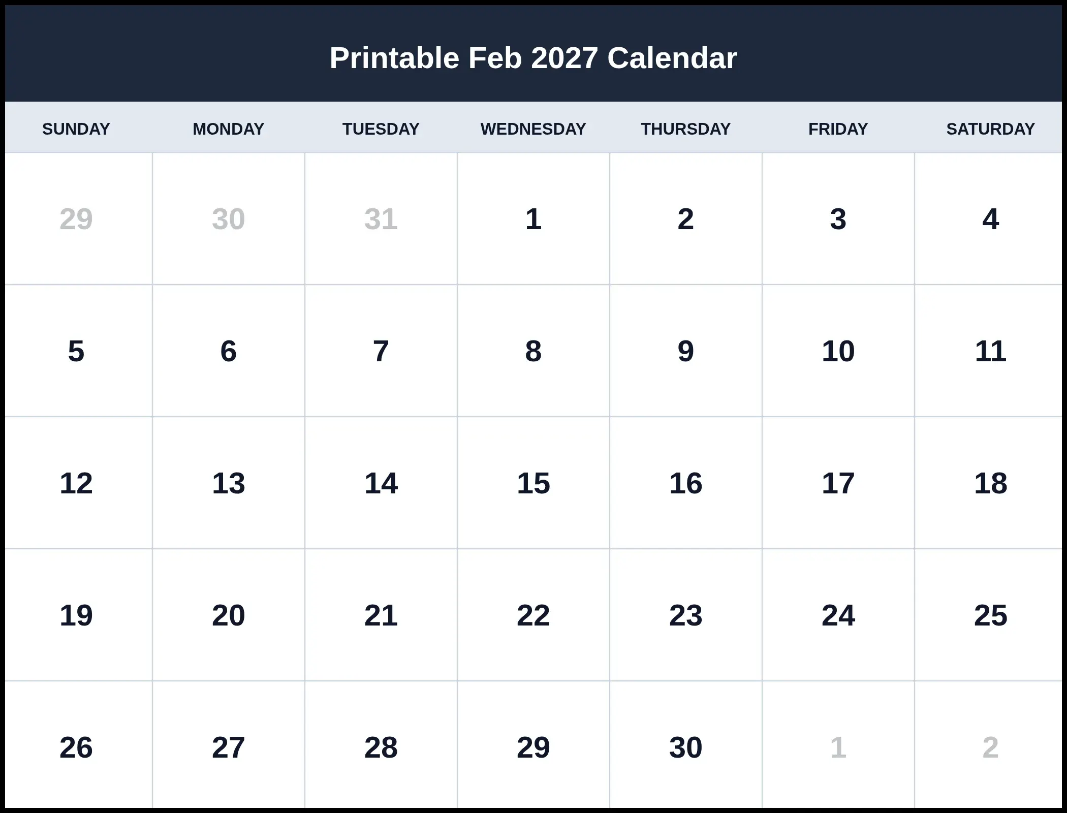 Printable Feb 2027 Calendar Pdf Printable Feb 2027 Calendar Pdf
