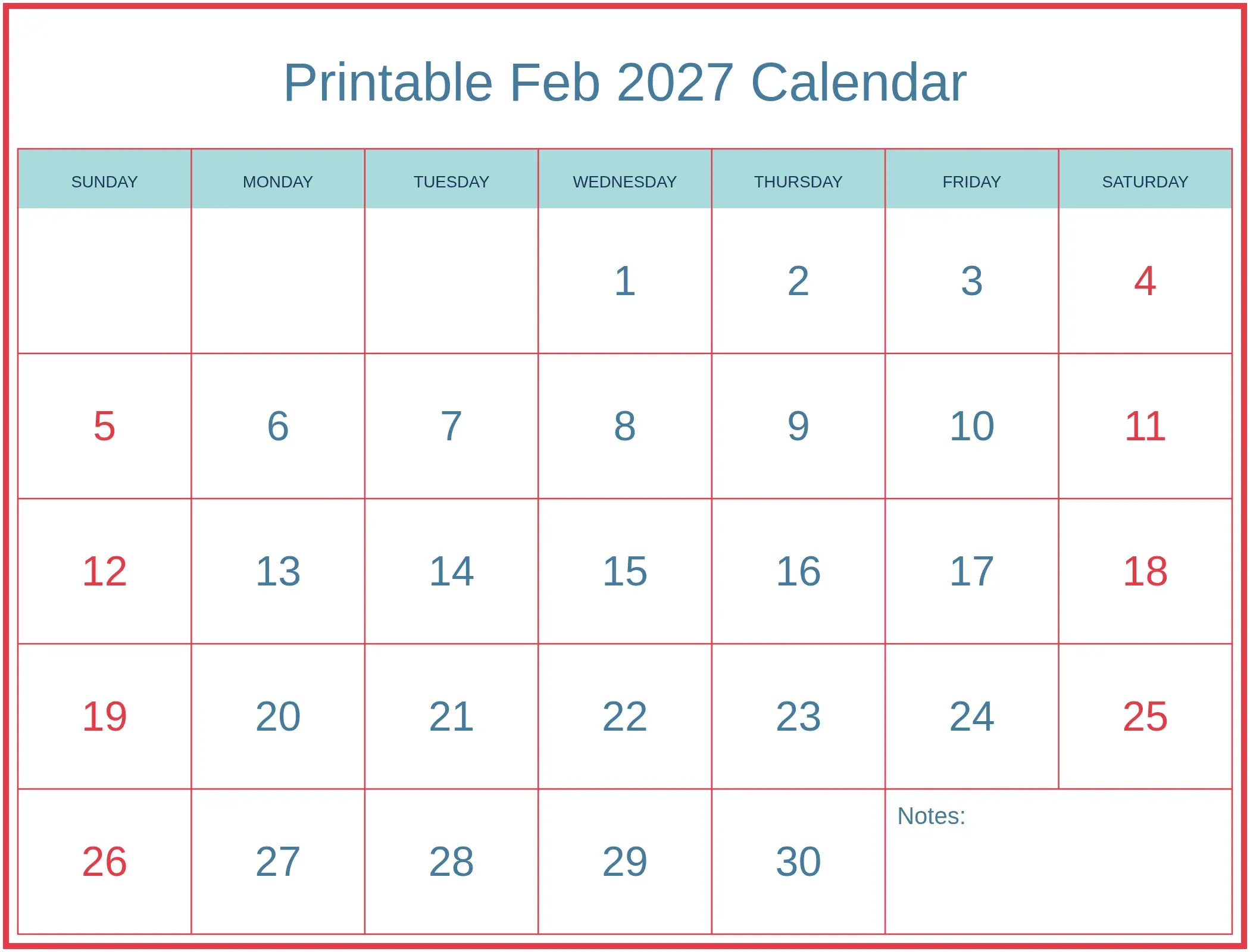 Printable Feb 2027 Calendar with Notes Bottom Landscape