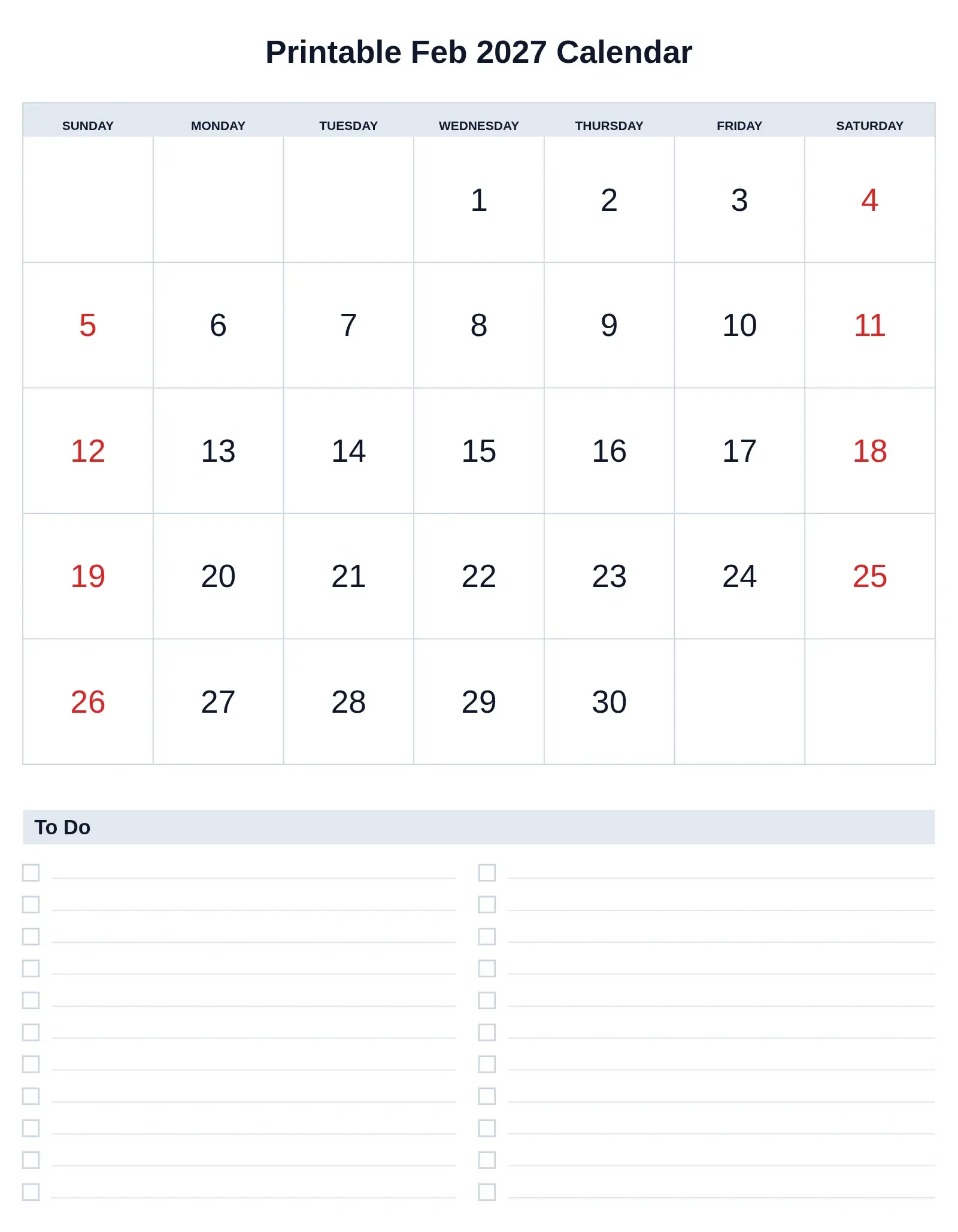 Printable Feb 2027 Calendar With To Do List Bottom Portrait Printable Feb 2027 Calendar With To Do List Bottom Portrait
