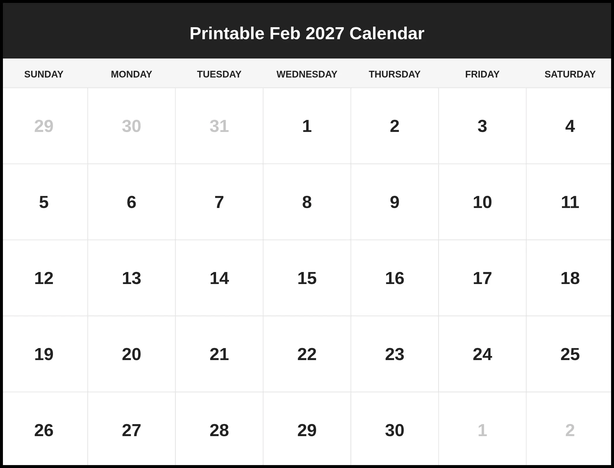 Printable Feb 2027 Calendar