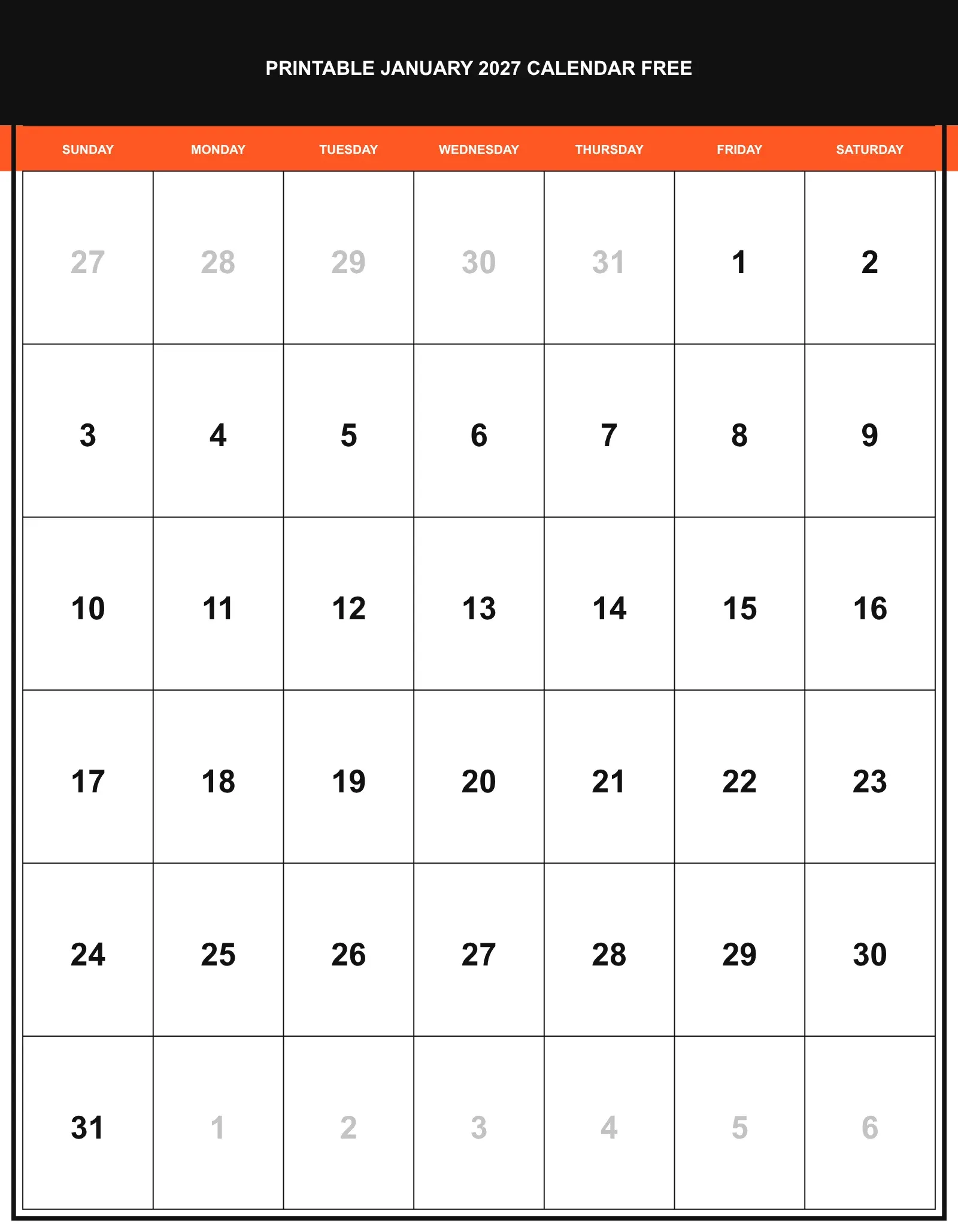 Printable January 2027 Calendar Free With Portrait Template Printable January 2027 Calendar Free With Portrait Template