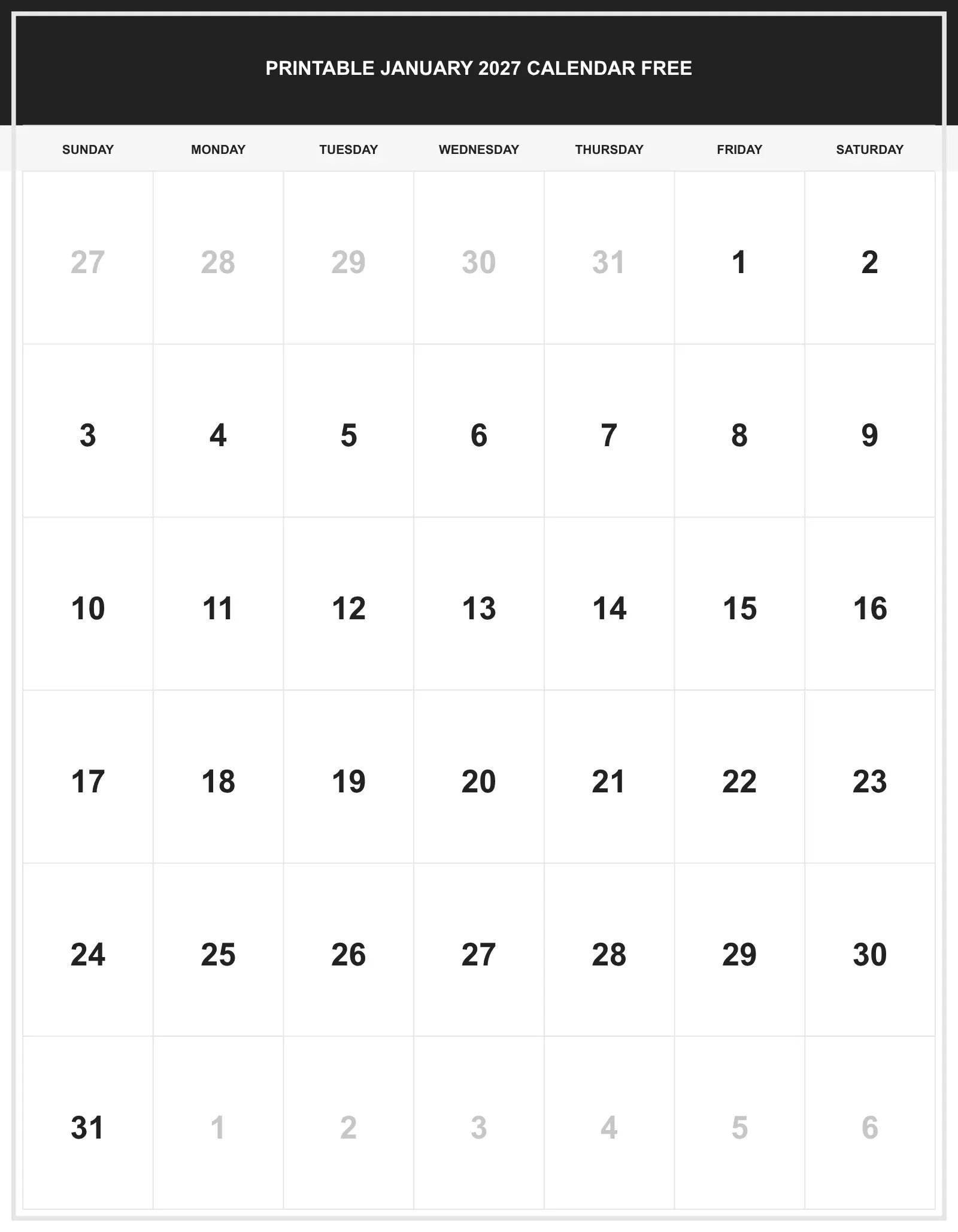Printable January 2027 Calendar Free With Portrait Template Printable January 2027 Calendar Free With Portrait Template