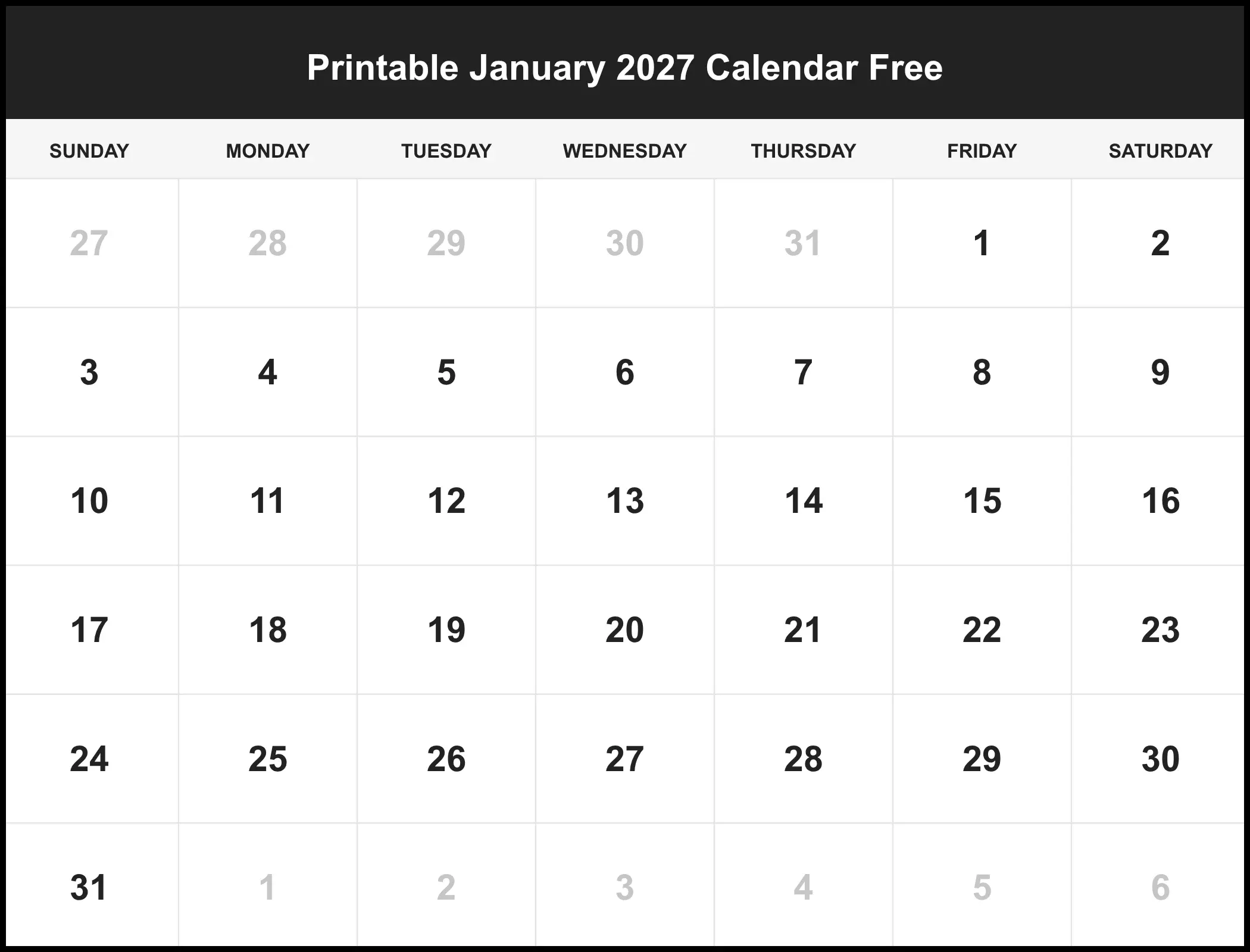 Printable January 2027 Calendar Free Printable January 2027 Calendar Free