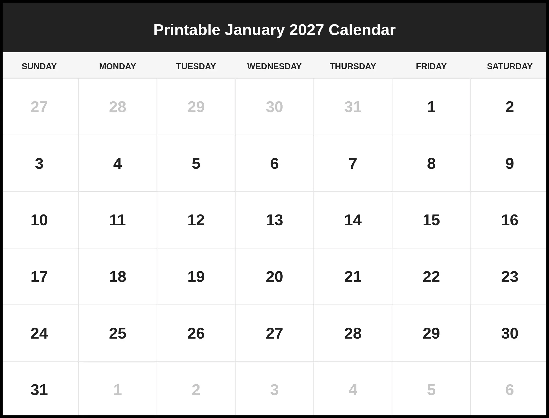 Printable January 2027 Calendar