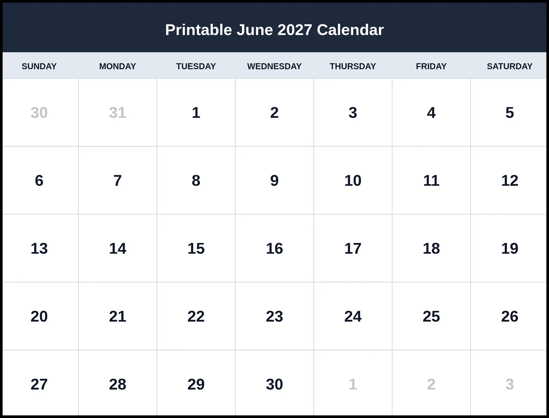 Printable June 2027 Calendar