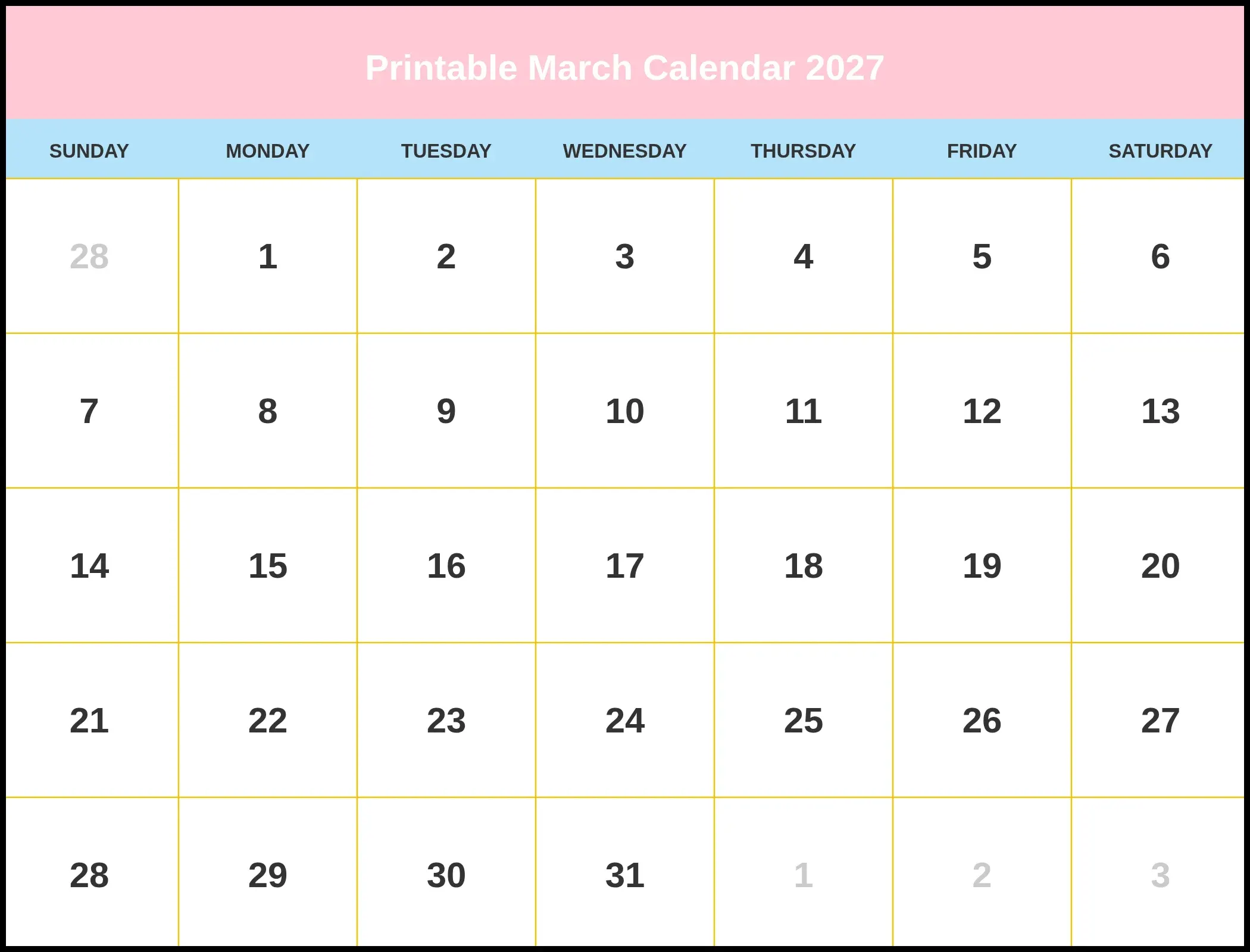 Printable March Calendar 2027