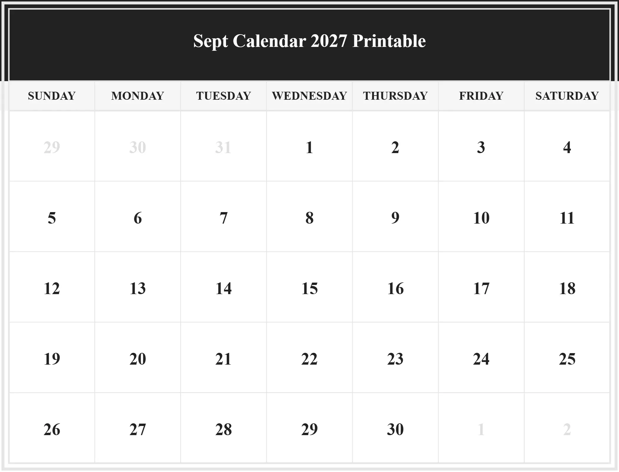 Sept Calendar 2027 Printable Download Landscape Sept Calendar 2027 Printable Download Landscape