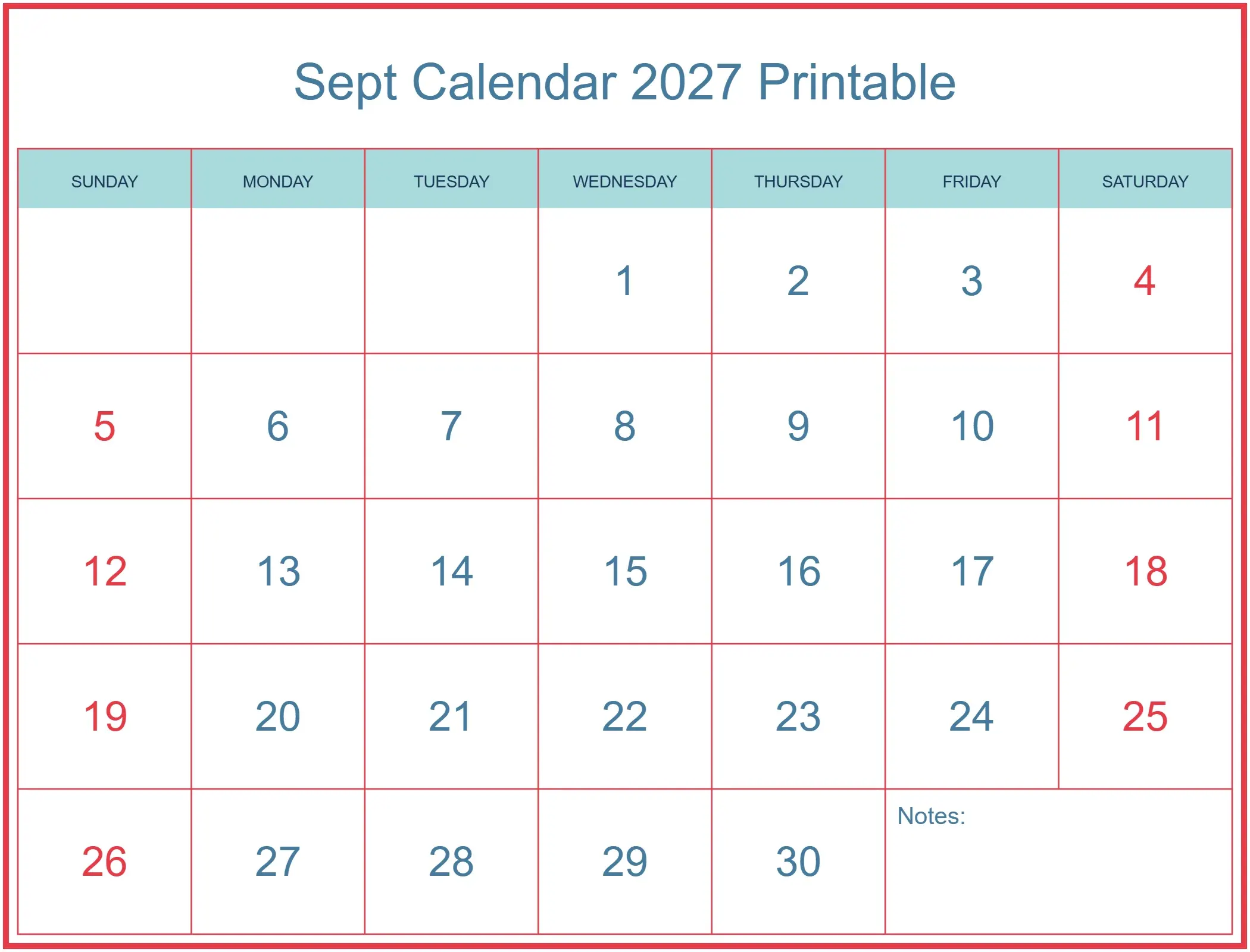 Sept Calendar 2027 Printable with Notes Bottom Landscape