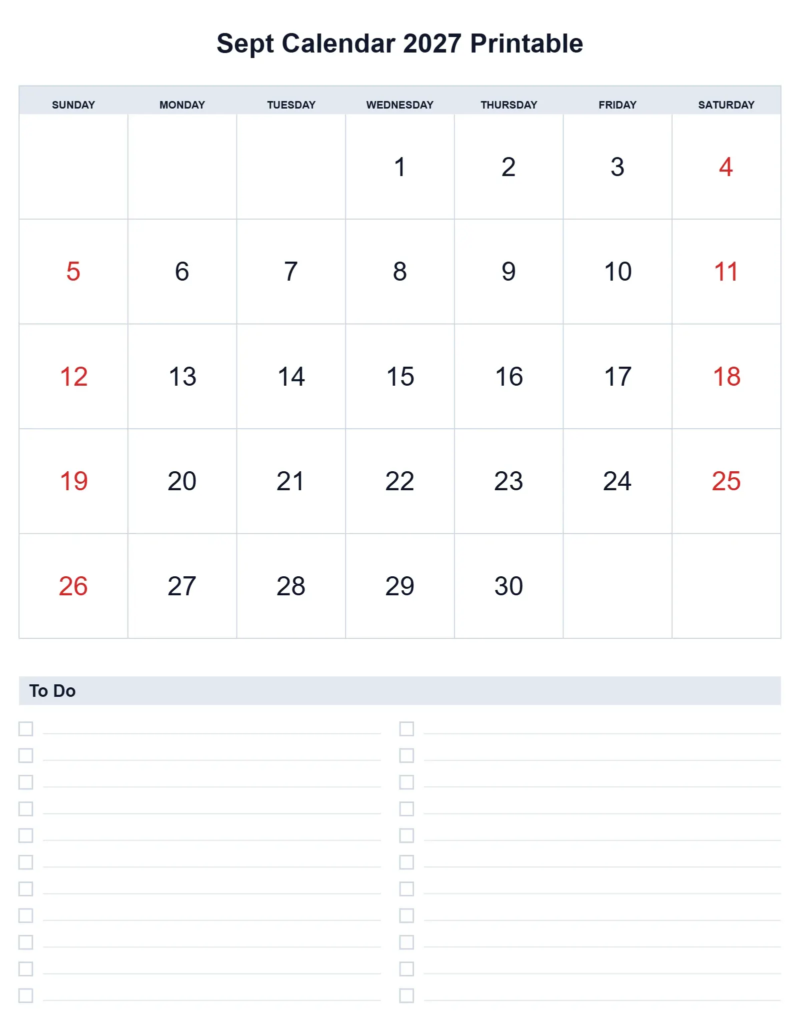 Sept Calendar 2027 Printable With To Do List Bottom Portrait