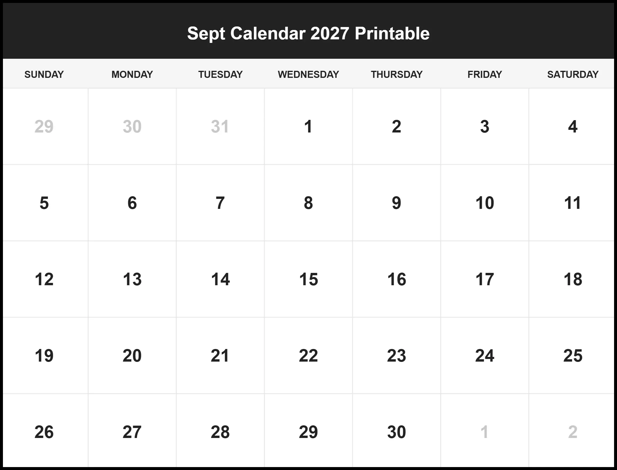Sept Calendar 2027 Printable