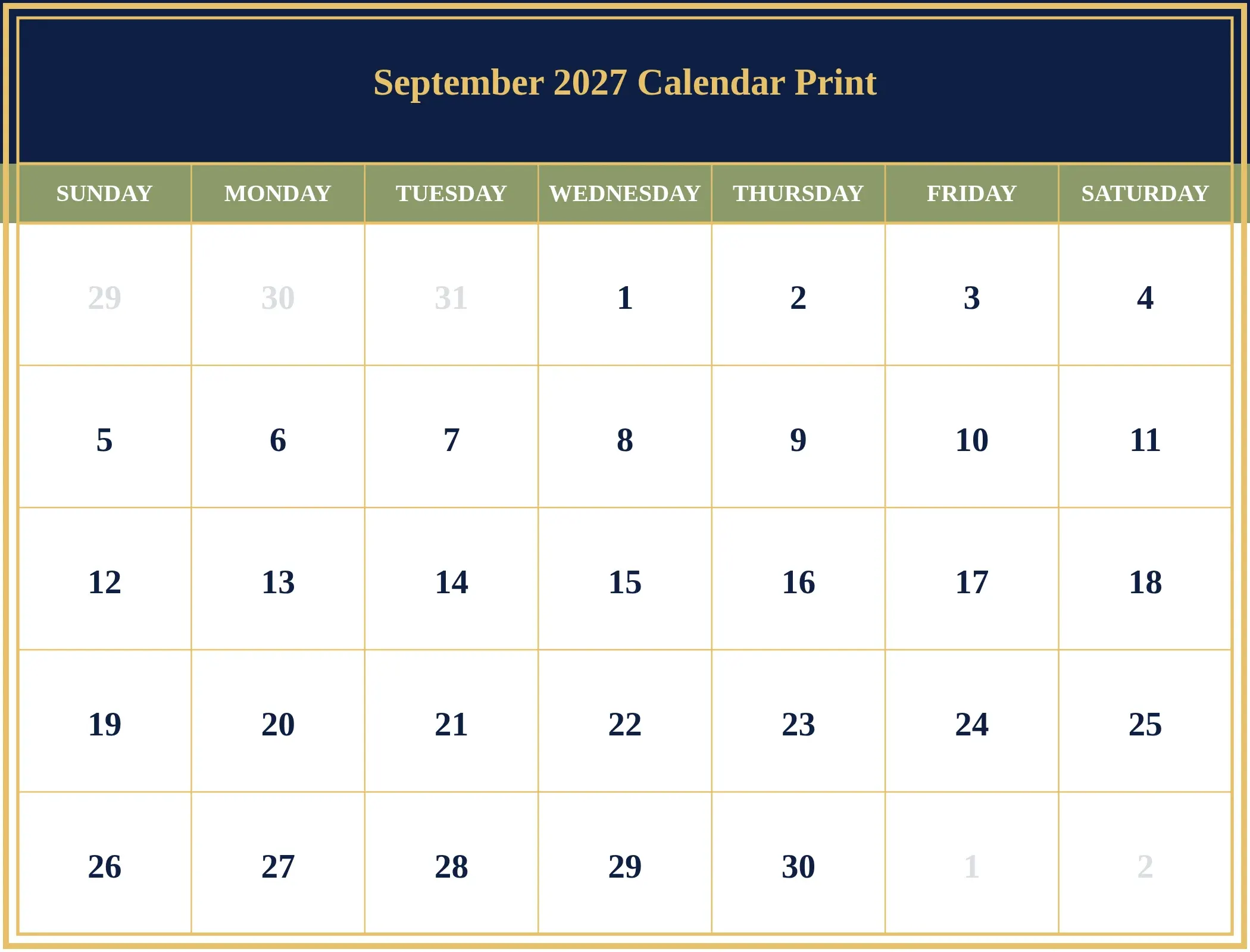 September 2027 Calendar Print Download Landscape