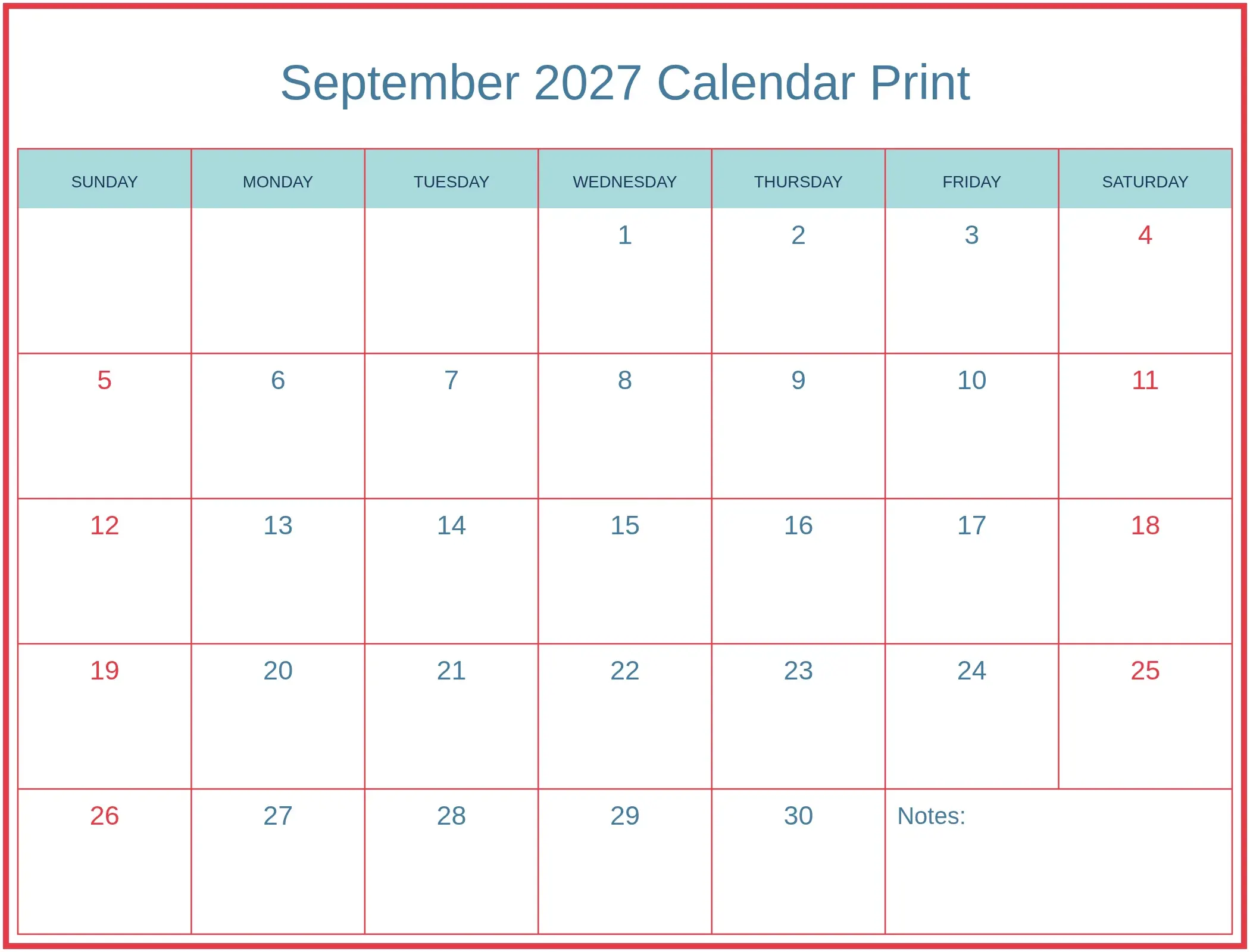 September 2027 Calendar Print with Notes Bottom Landscape September 2027 Calendar Print with Notes Bottom Landscape