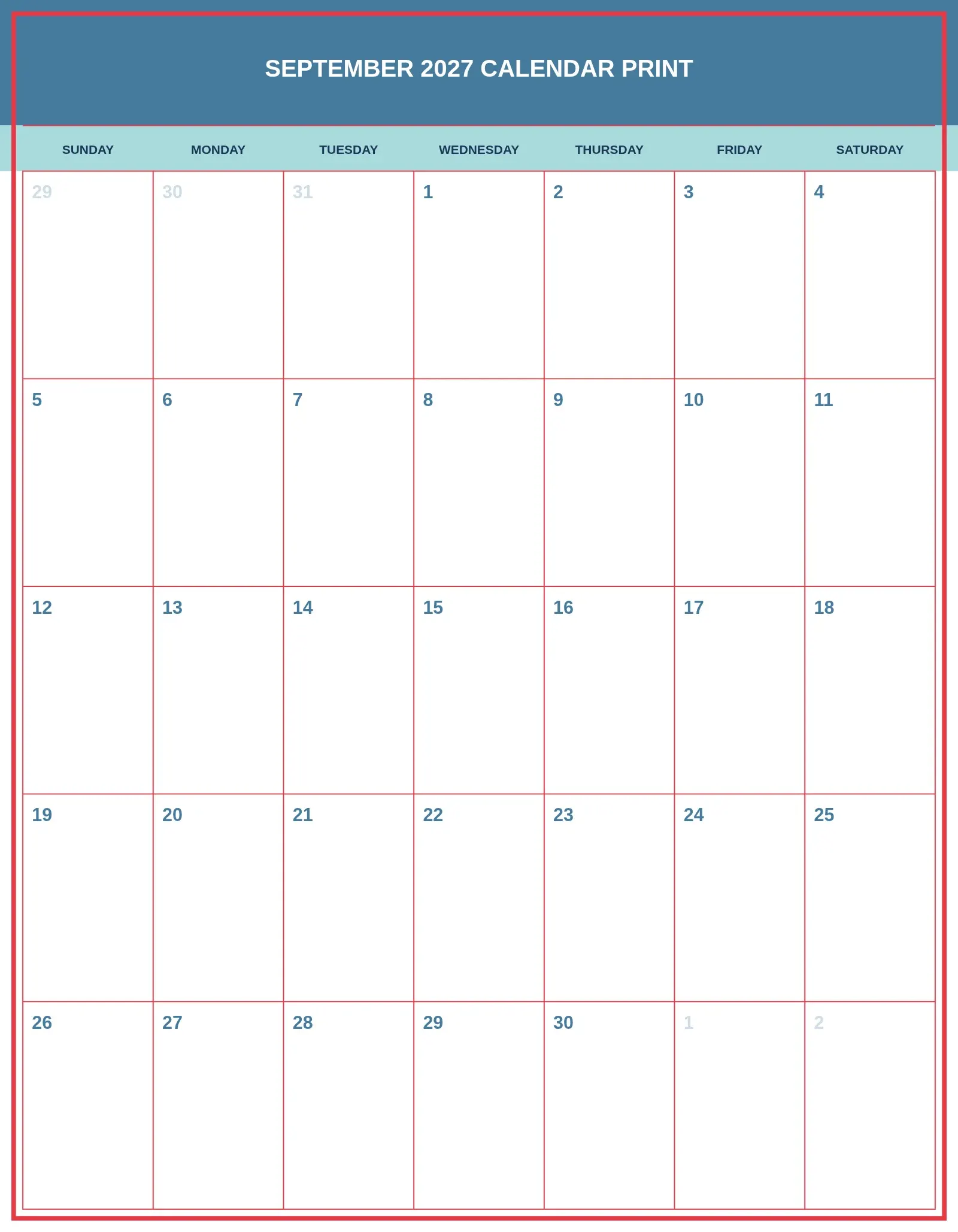 September 2027 Calendar Print With Portrait Template September 2027 Calendar Print With Portrait Template