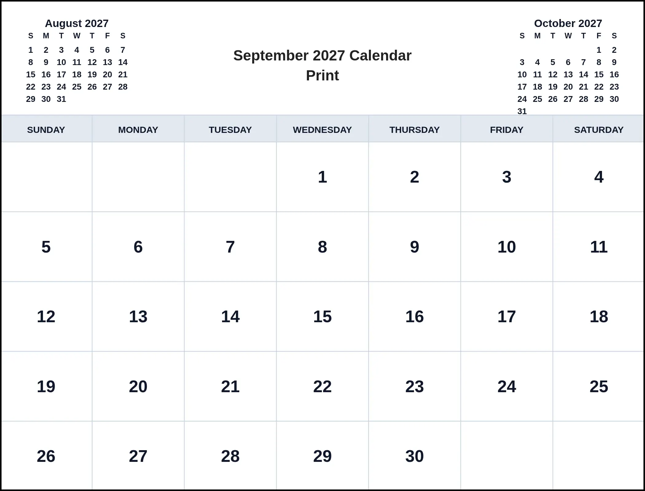 September 2027 Calendar Print With Three Month View