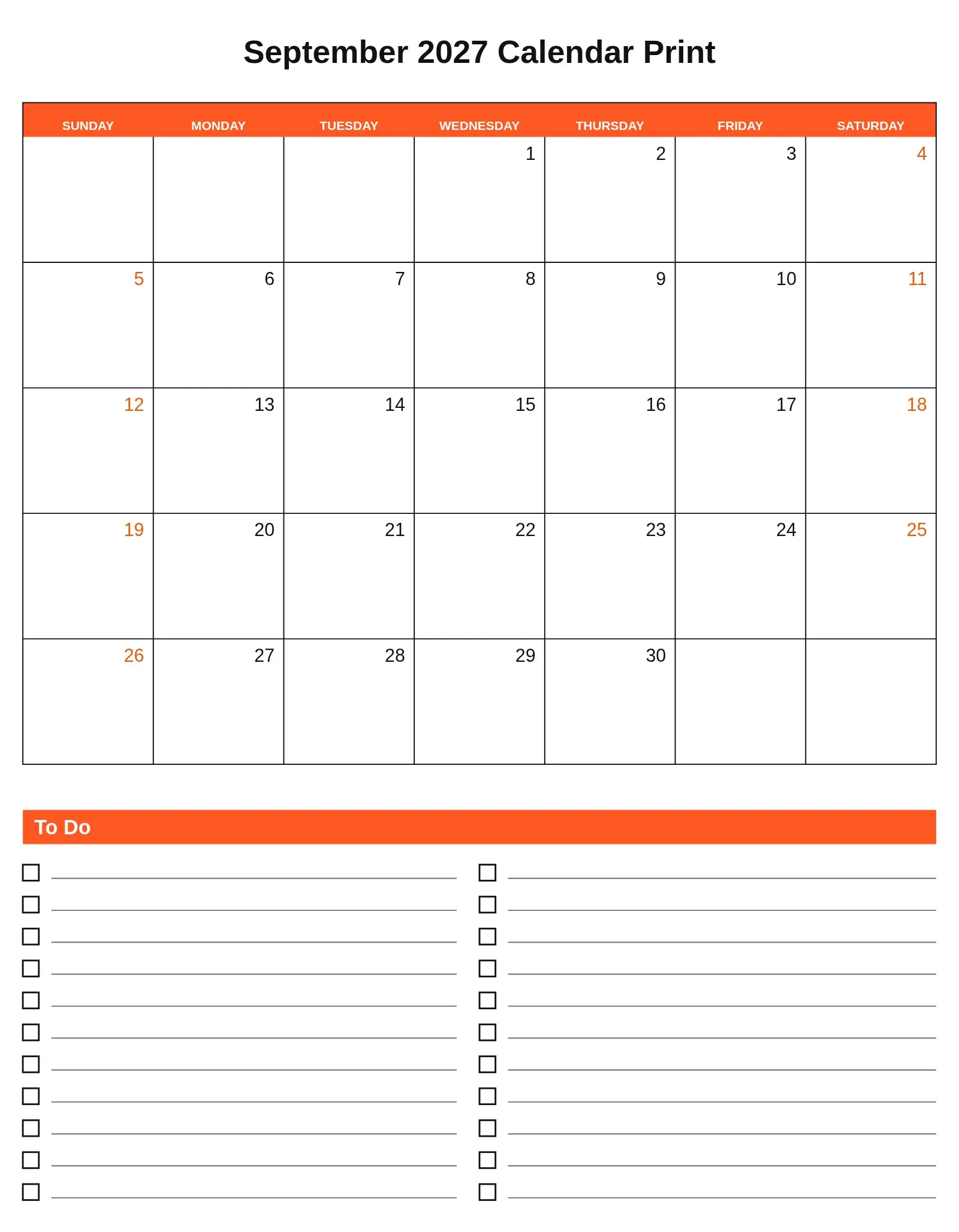 September 2027 Calendar Print With To Do List Bottom Portrait September 2027 Calendar Print With To Do List Bottom Portrait
