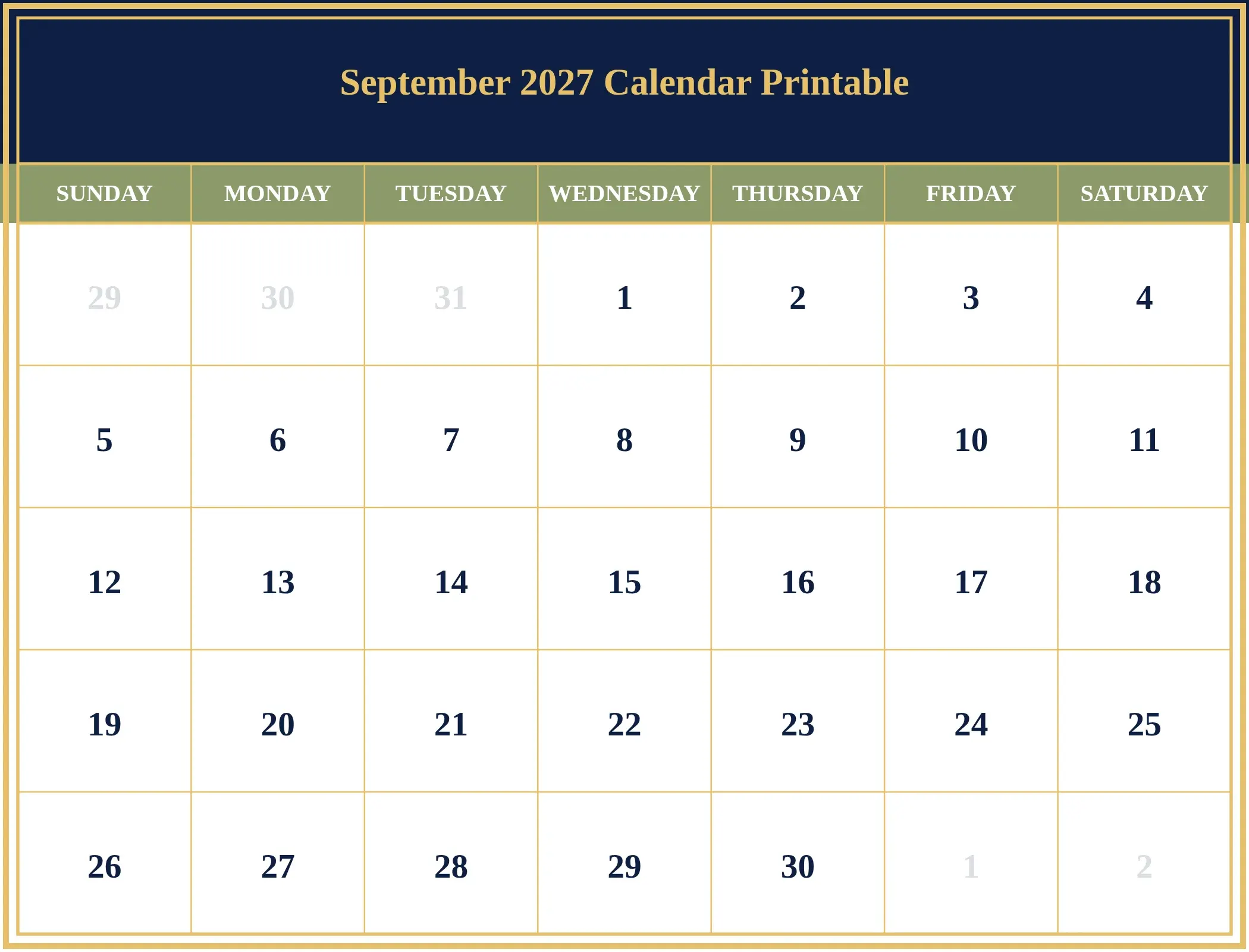 September 2027 Calendar Printable Download Landscape September 2027 Calendar Printable Download Landscape