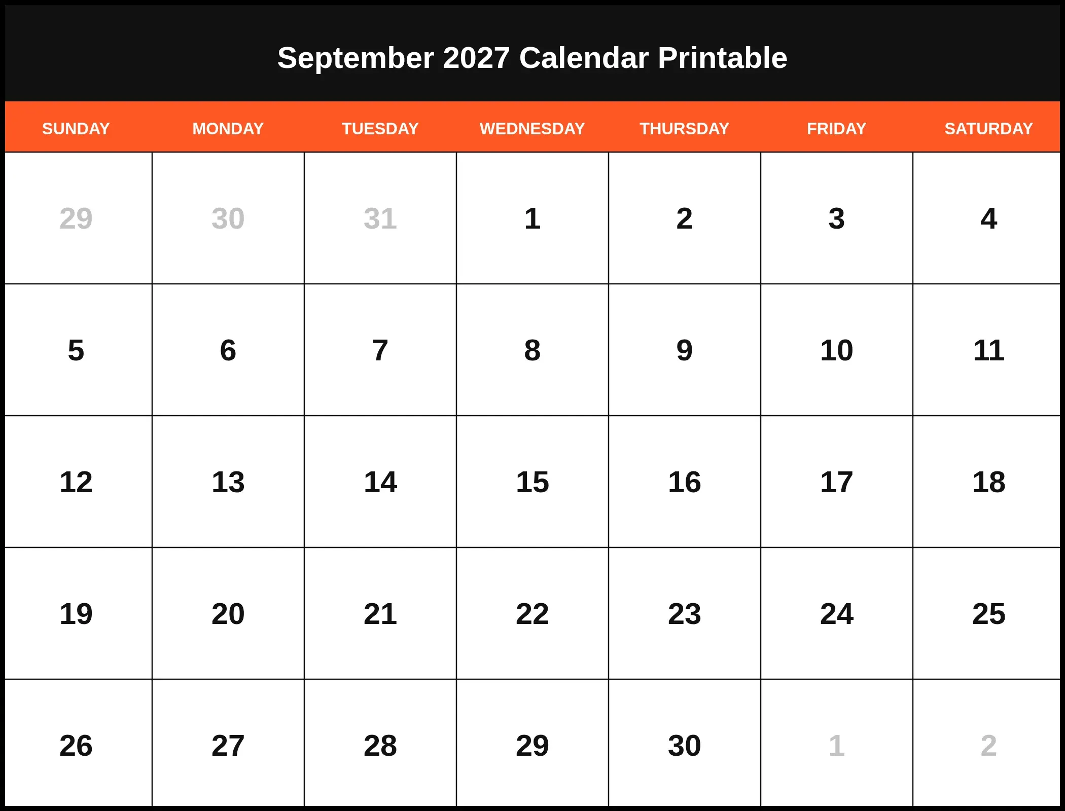 September 2027 Calendar Printable Pdf