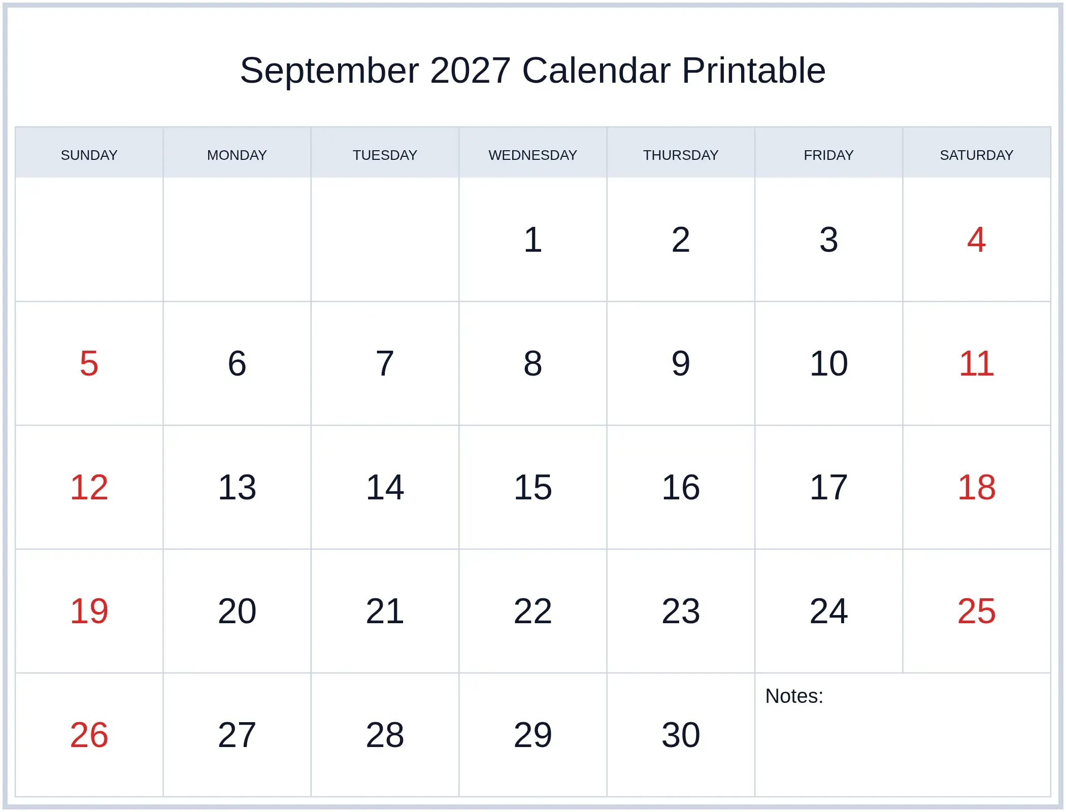 September 2027 Calendar Printable with Notes Bottom Landscape September 2027 Calendar Printable with Notes Bottom Landscape