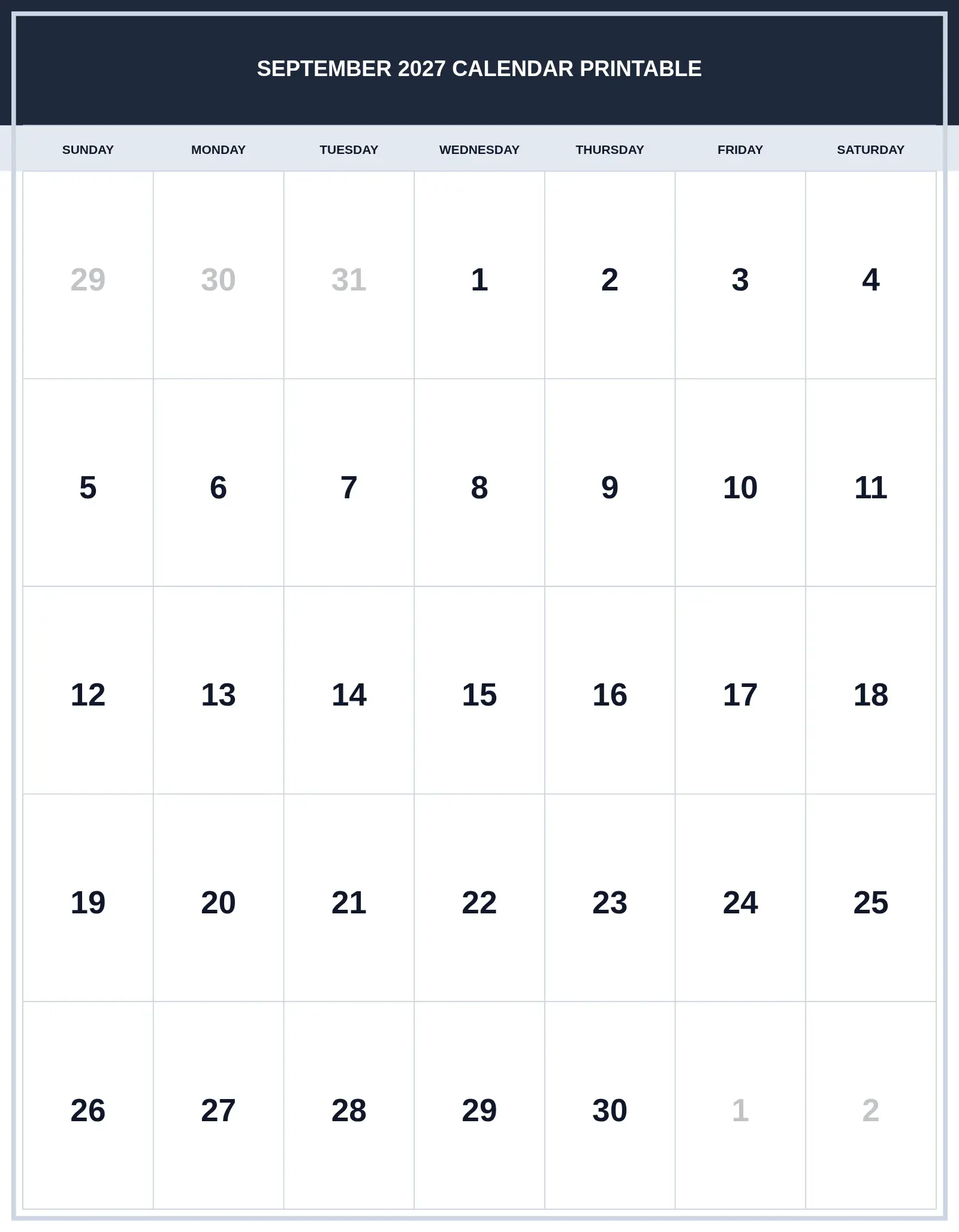 September 2027 Calendar Printable With Portrait Template September 2027 Calendar Printable With Portrait Template