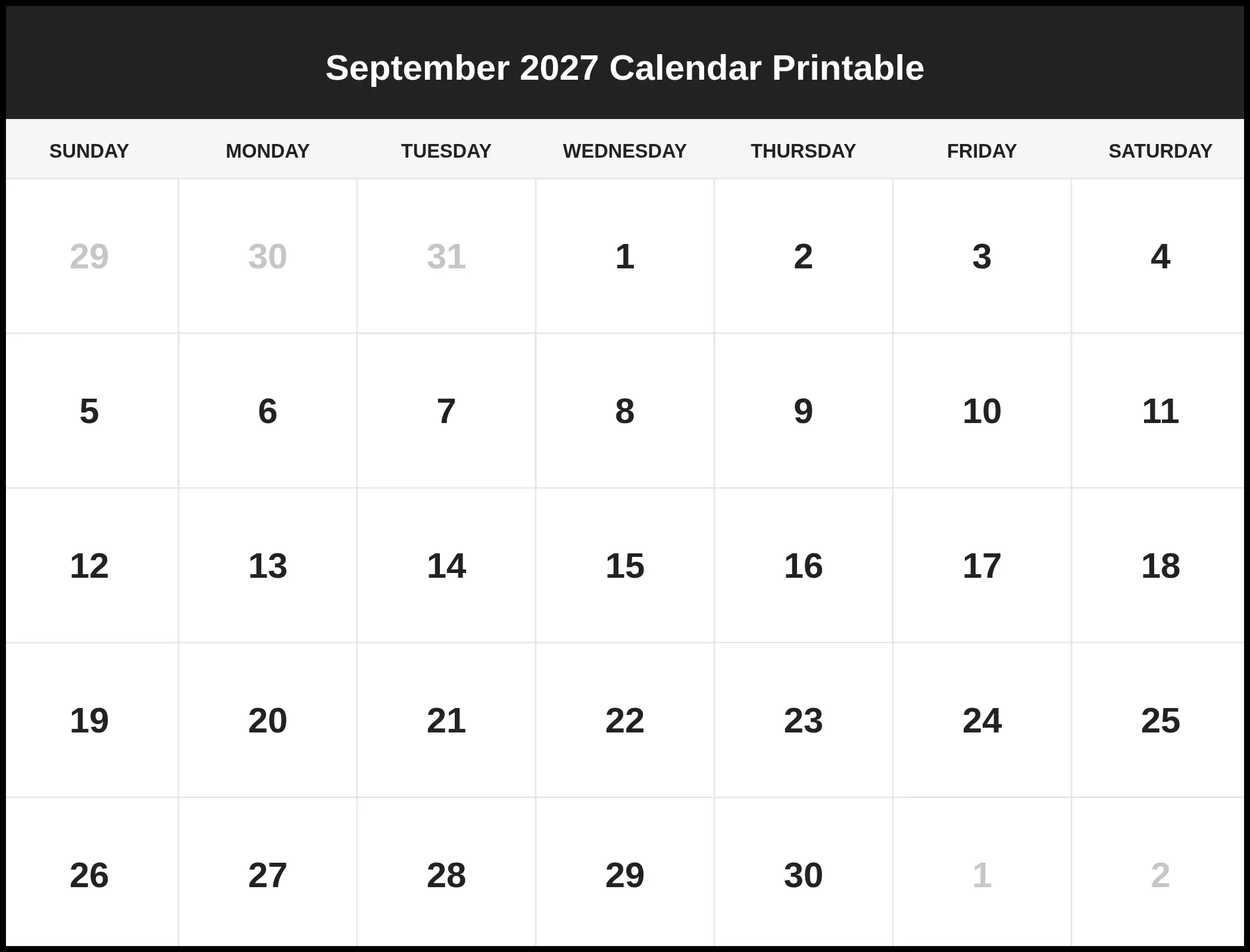 September 2027 Calendar Printable