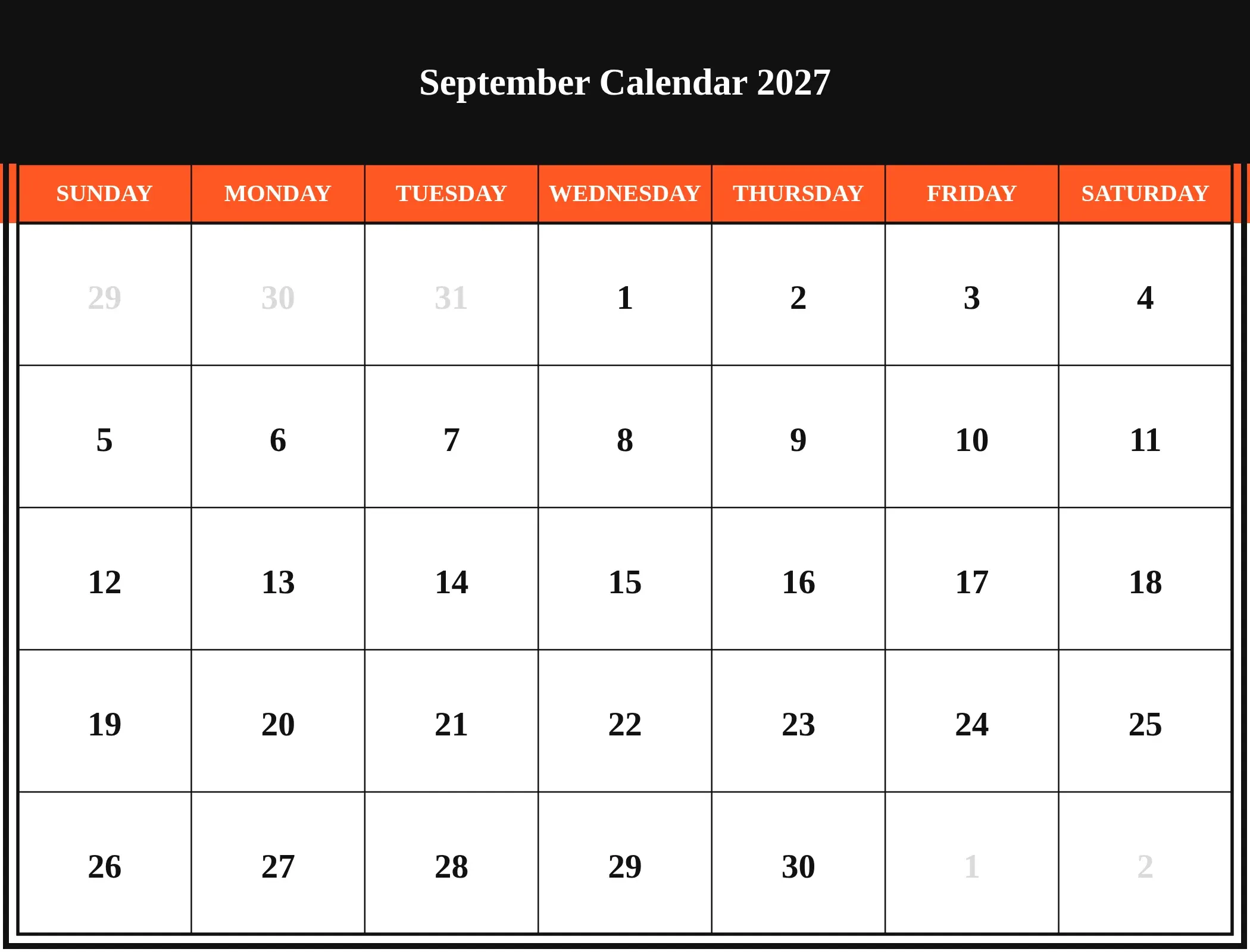 September Calendar 2027 Download Landscape