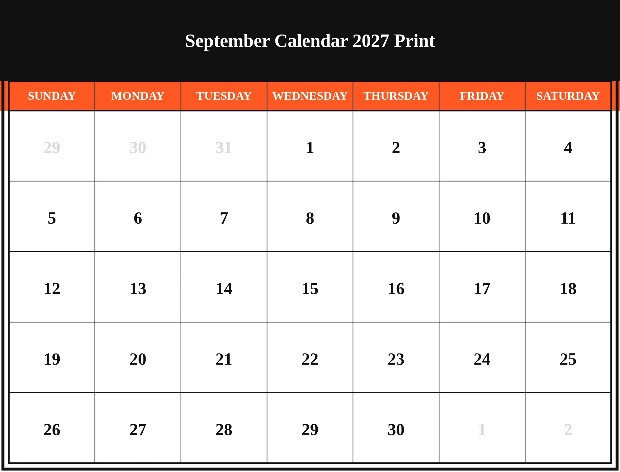 September Calendar 2027 Print Download Landscape