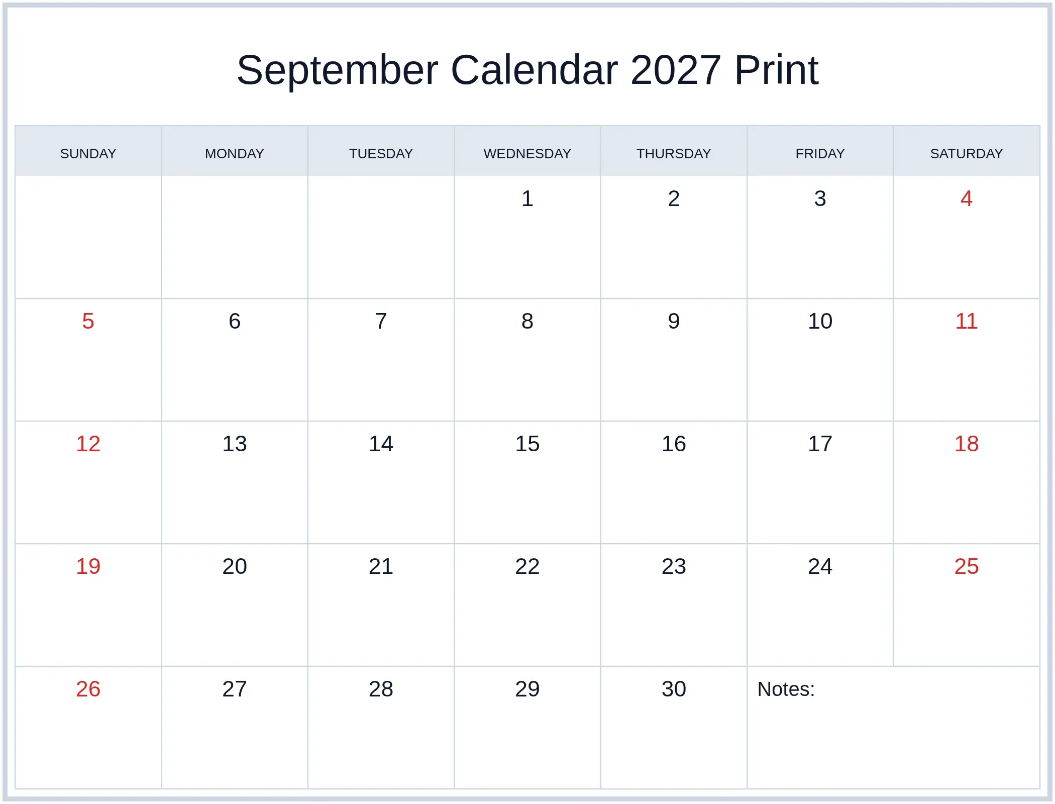 September Calendar 2027 Print with Notes Bottom Landscape